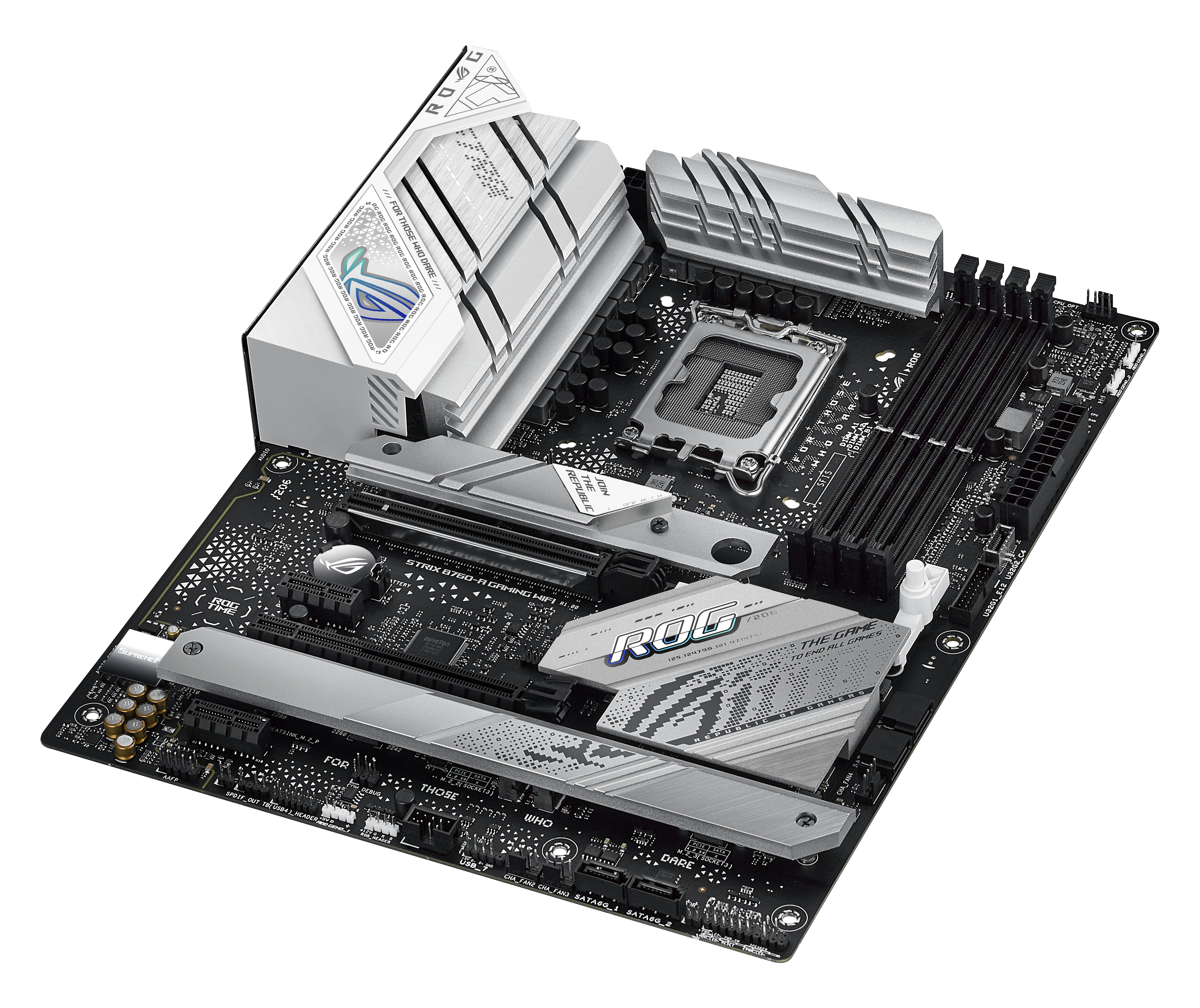 Silver and black motherboard. Components visible. White background.