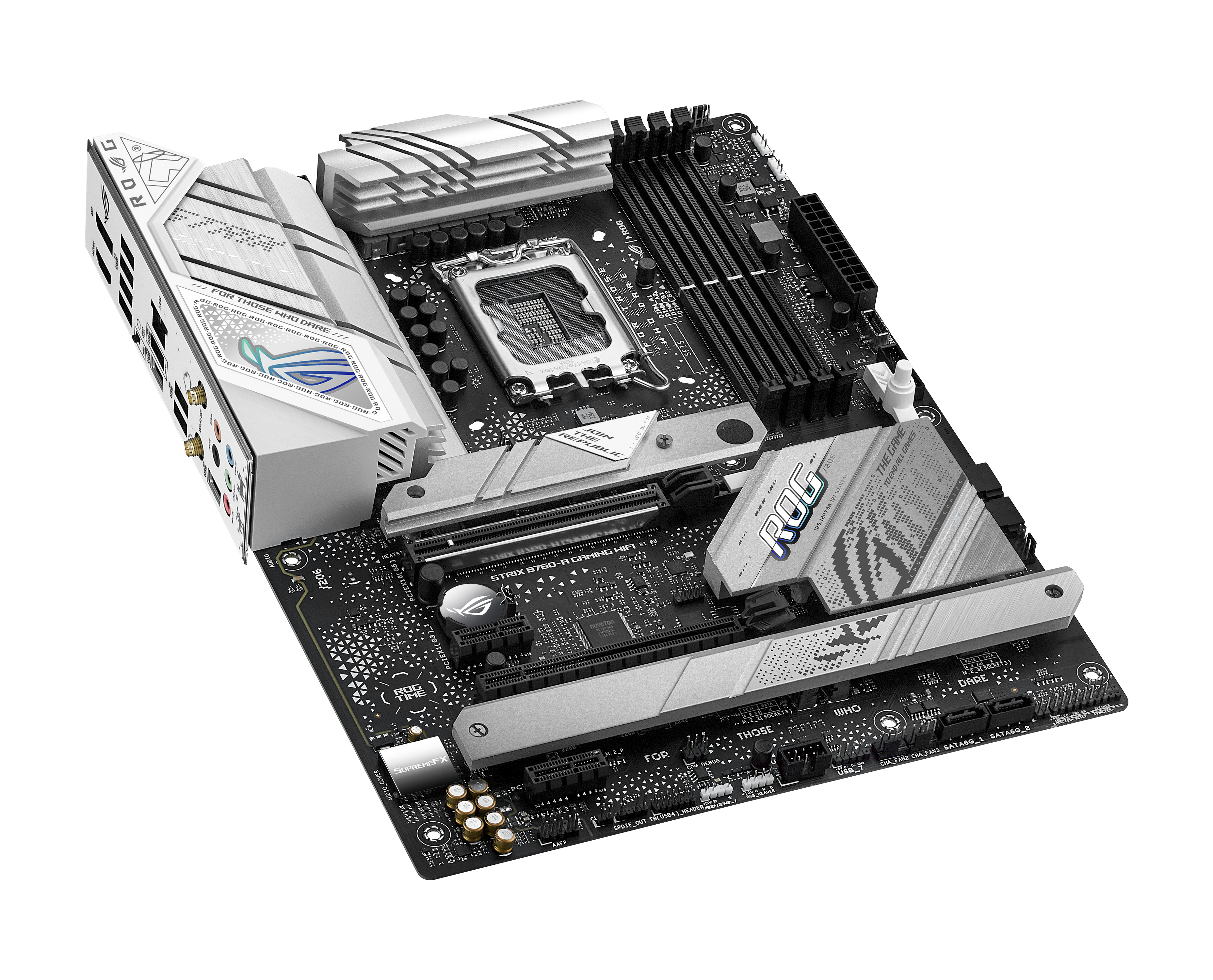 A computer motherboard with multiple components, in a white and silver color scheme.