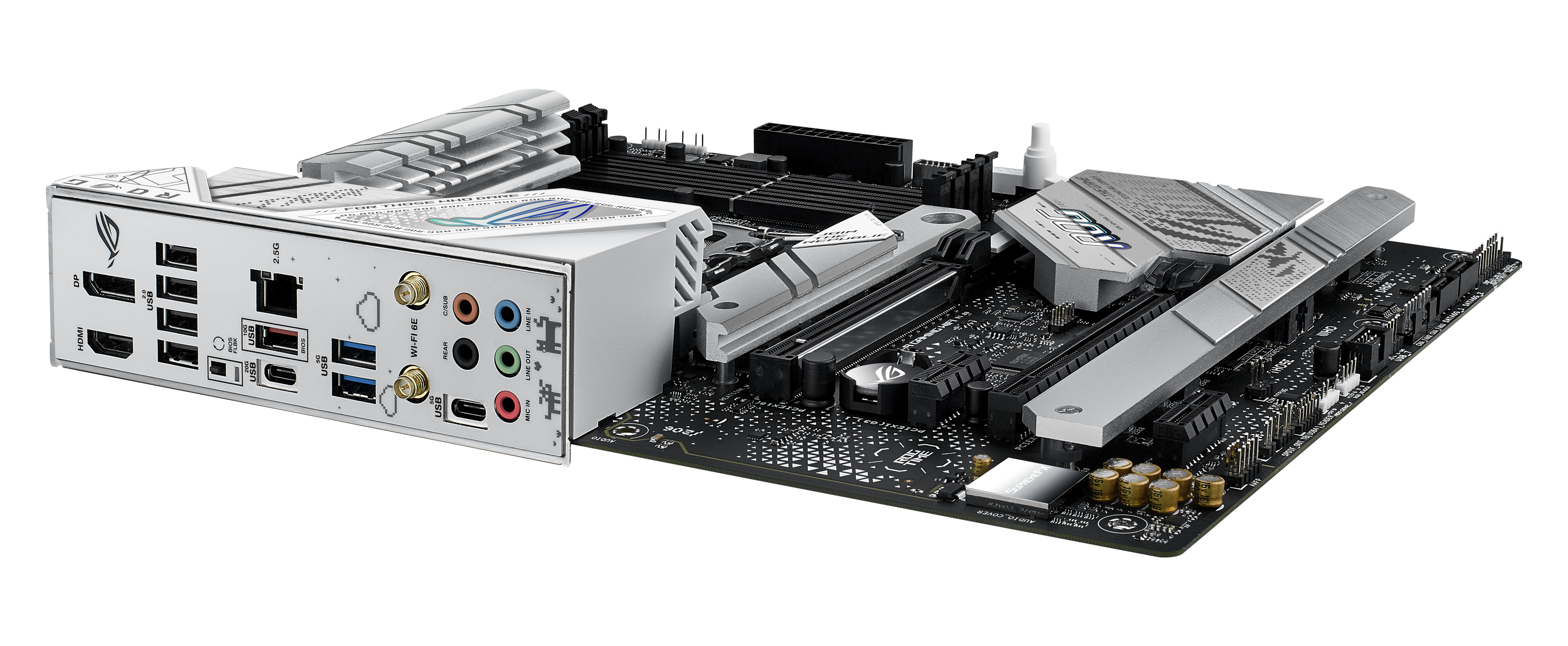 A motherboard with silver and black components on a white background.