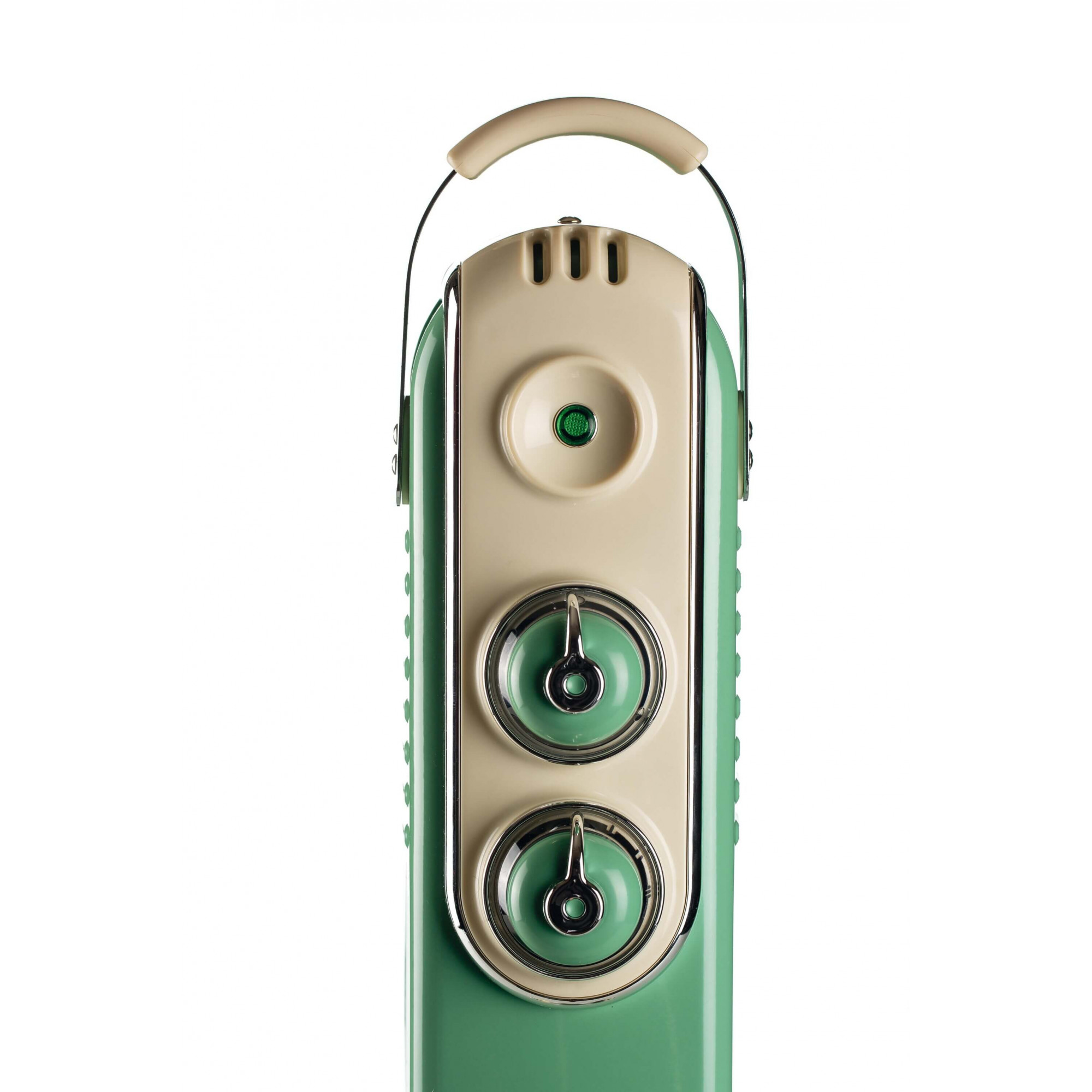 Zielono-kremowy wentylator w stylu vintage z uchwytem i dwoma pokrętłami.