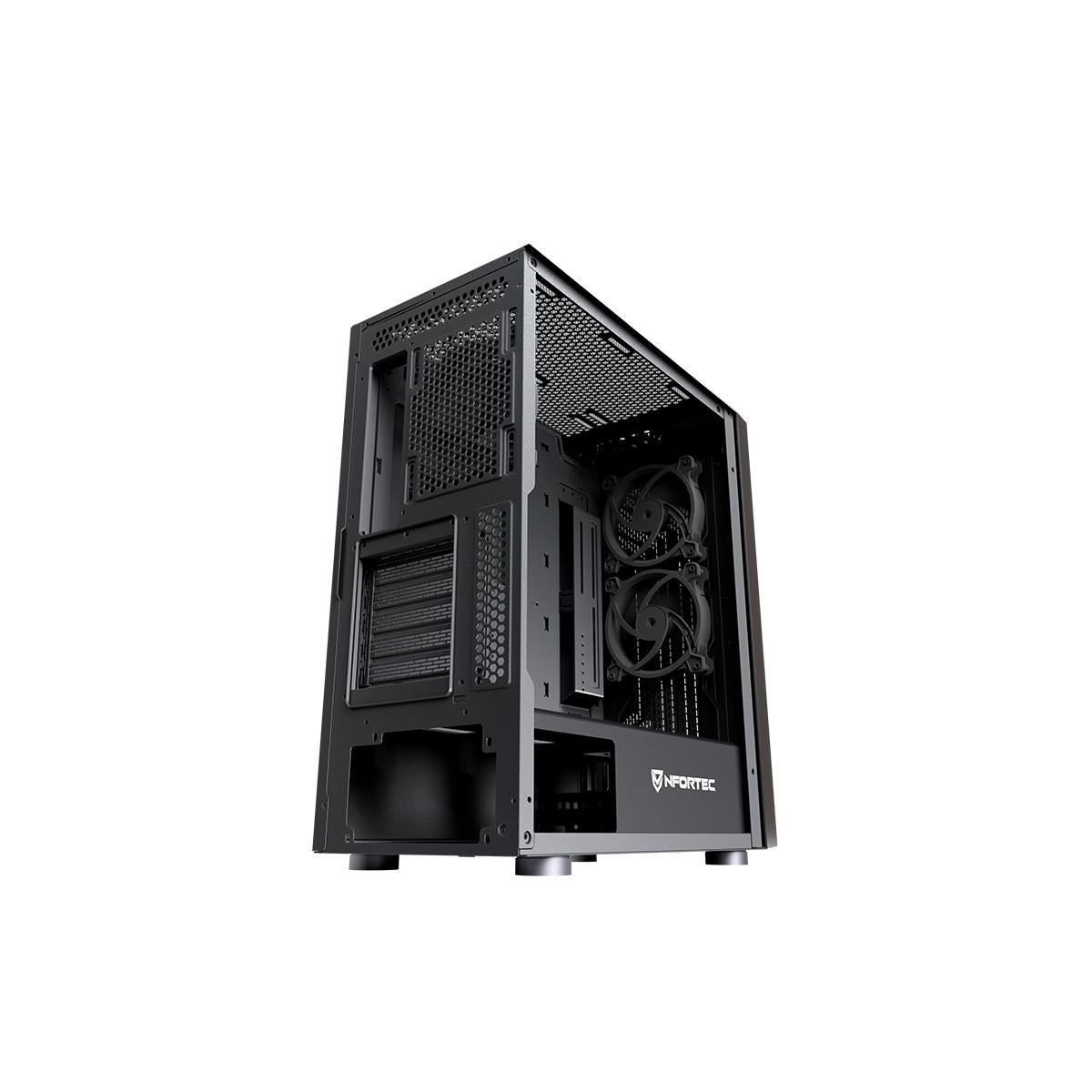 Un case per computer nero con frontale in rete, pannello laterale e componenti interni visibili.