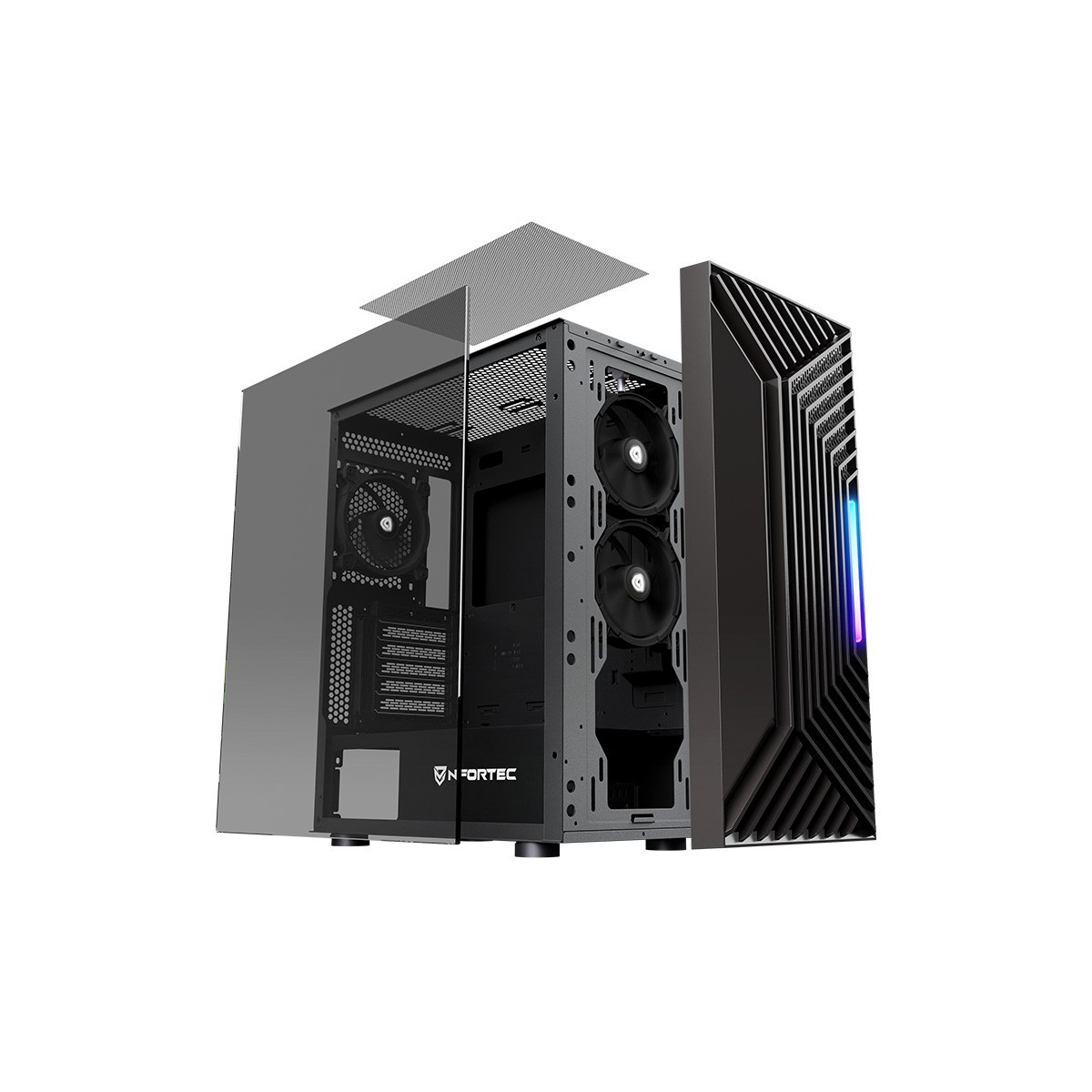 Un case per computer nero con pannello laterale in vetro, ventole e componenti interni visibili, su bianco.