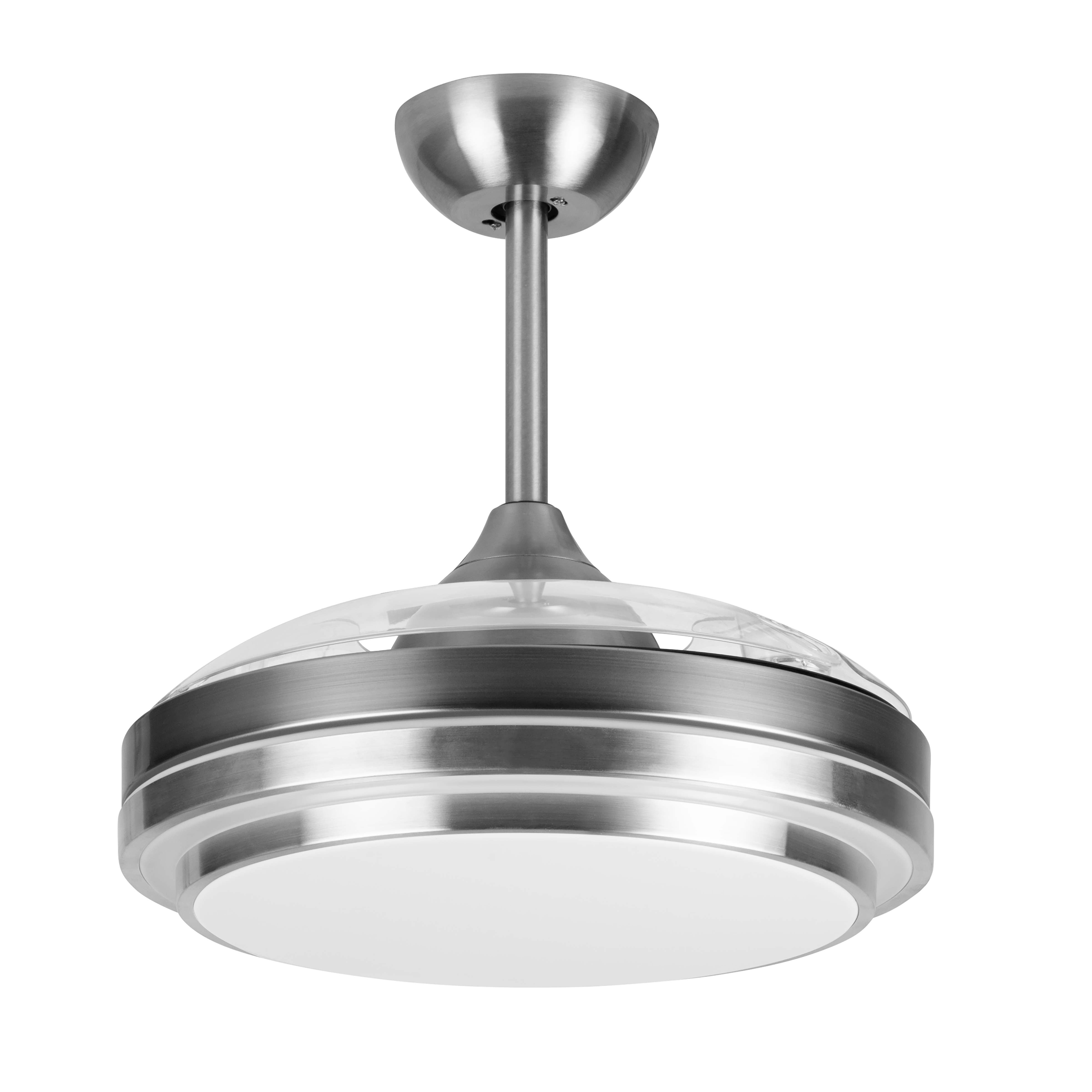 Ventilatore da soffitto argentato con luce e copertura trasparente, su sfondo bianco.