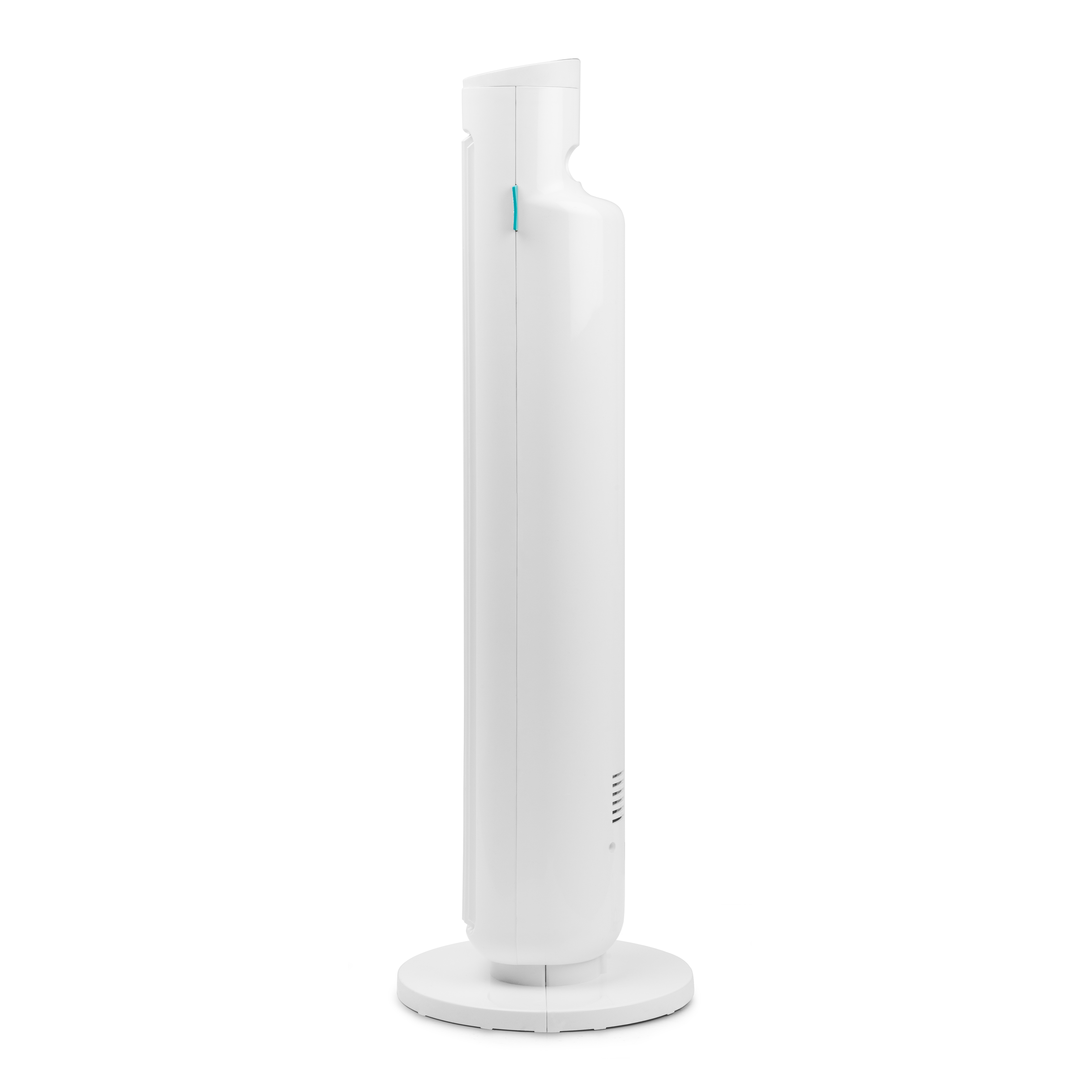 Un purificador de aire blanco con un diseño cilíndrico y un acento azul.