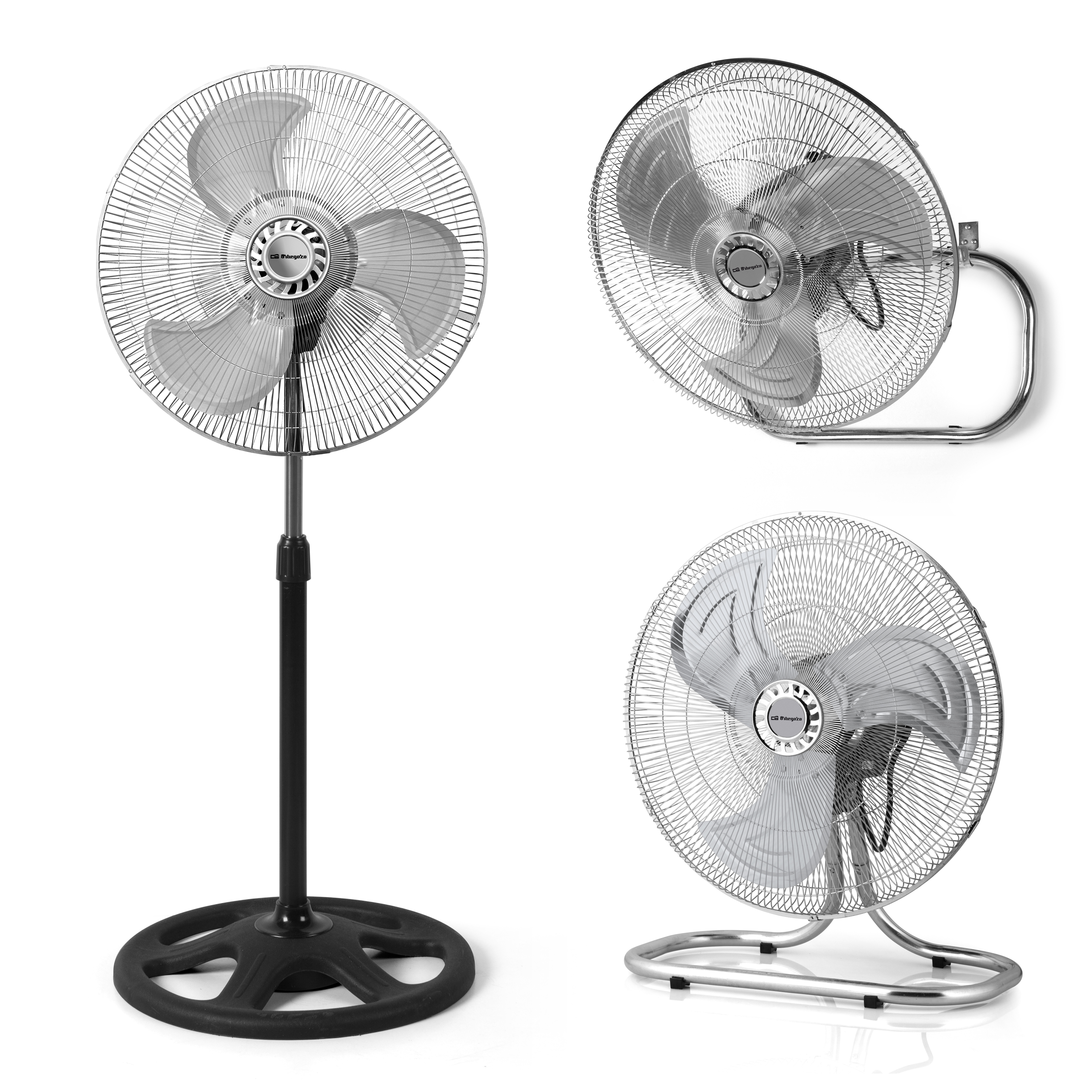 Múltiples vistas de un ventilador eléctrico plateado sobre fondo blanco. Uno es de pie, otros están montados en la pared.