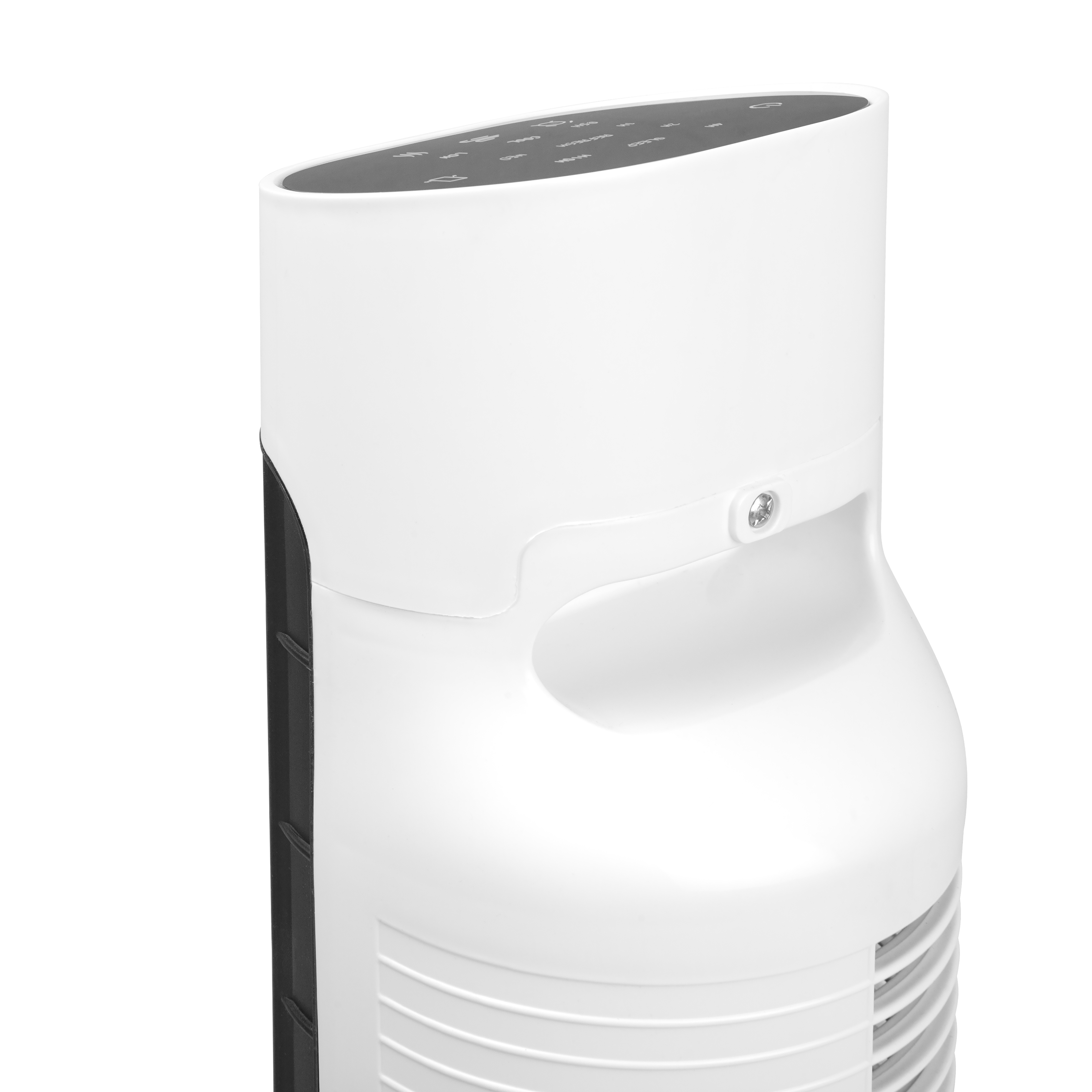 Purificador de aire blanco, primer plano de la parte superior. Tiene una asa y botones de control.