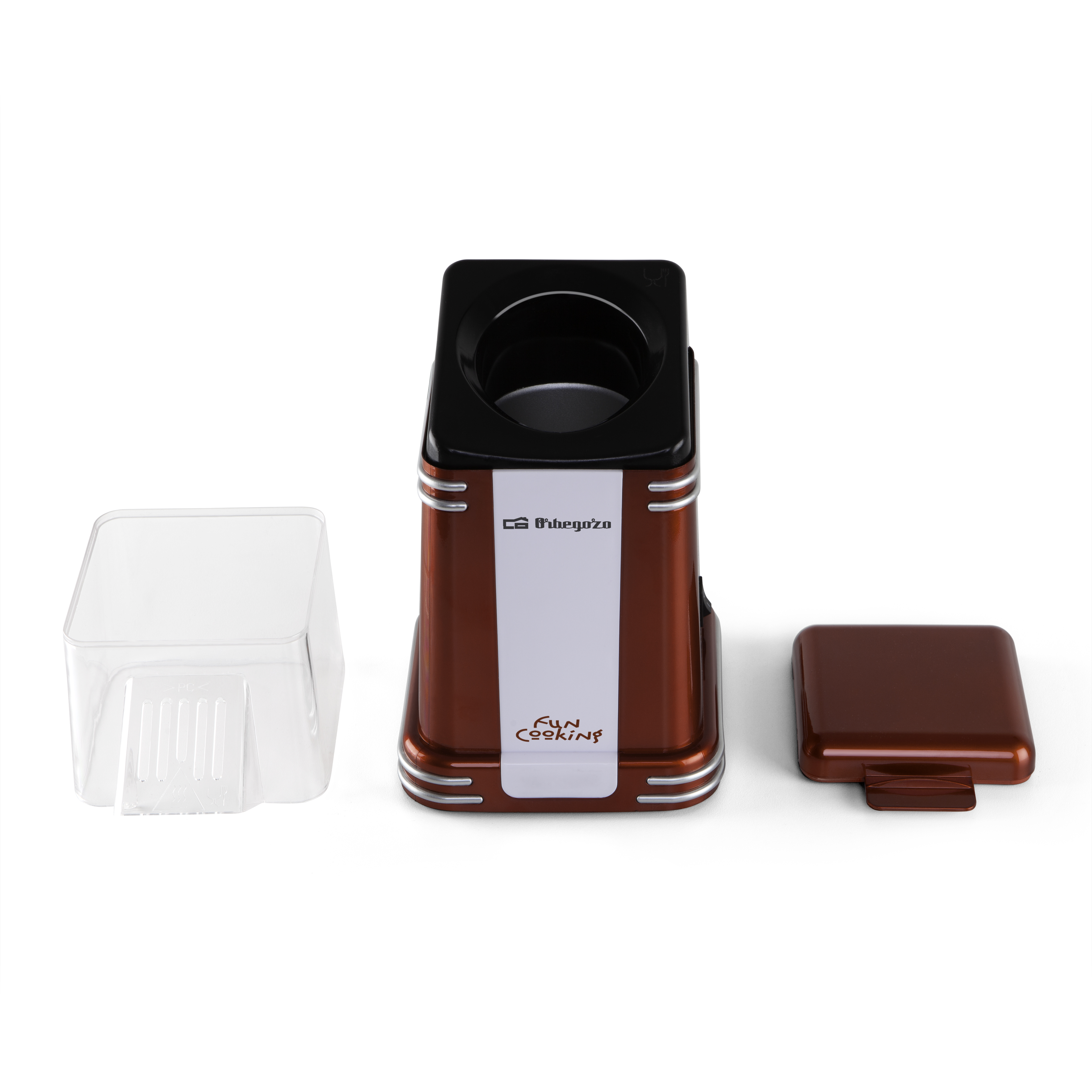 Máquina de palomitas de maíz roja y blanca con un recipiente transparente, tapa y palomitas.