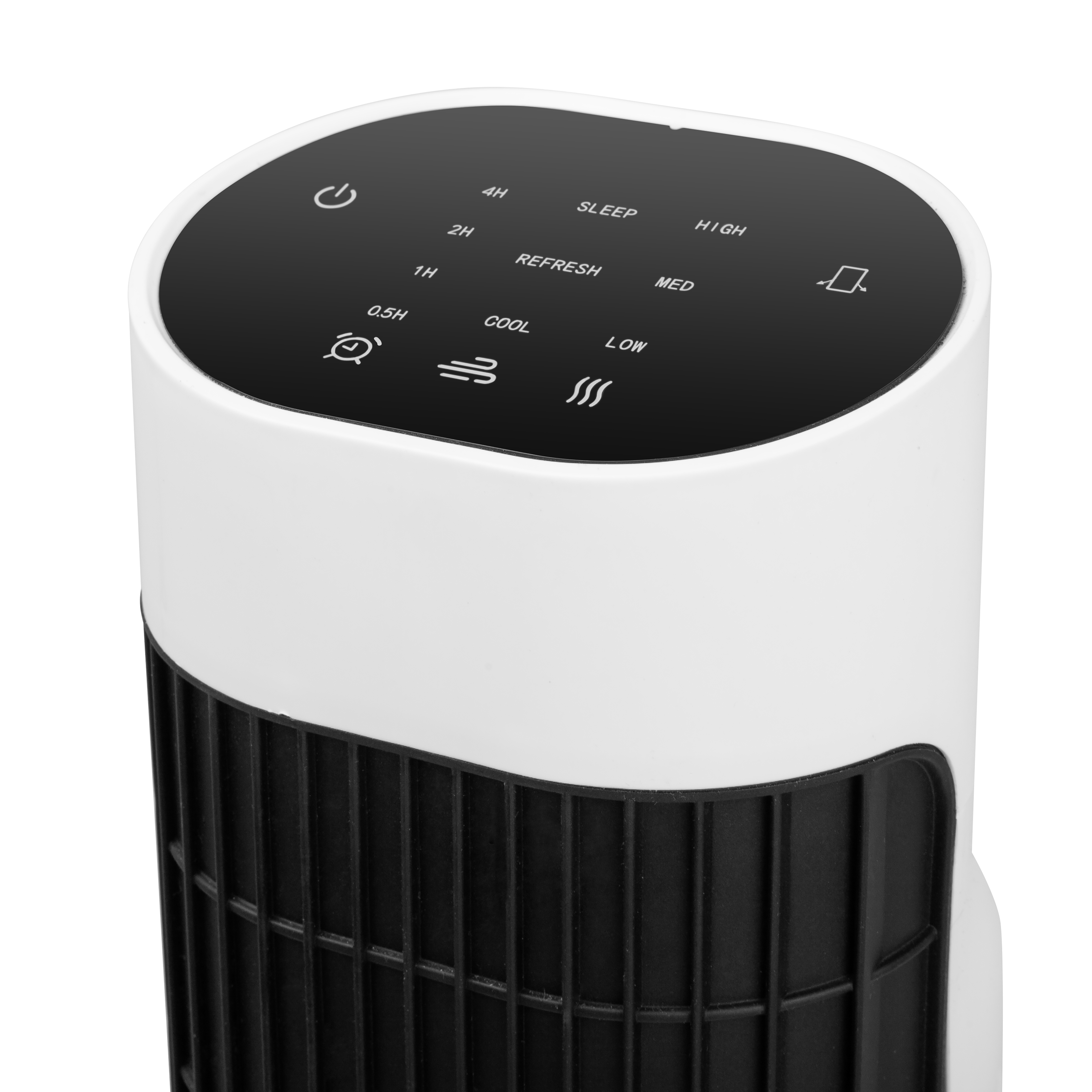 Vista superior de un panel de control de ventilador blanco y negro con botones y etiquetas.