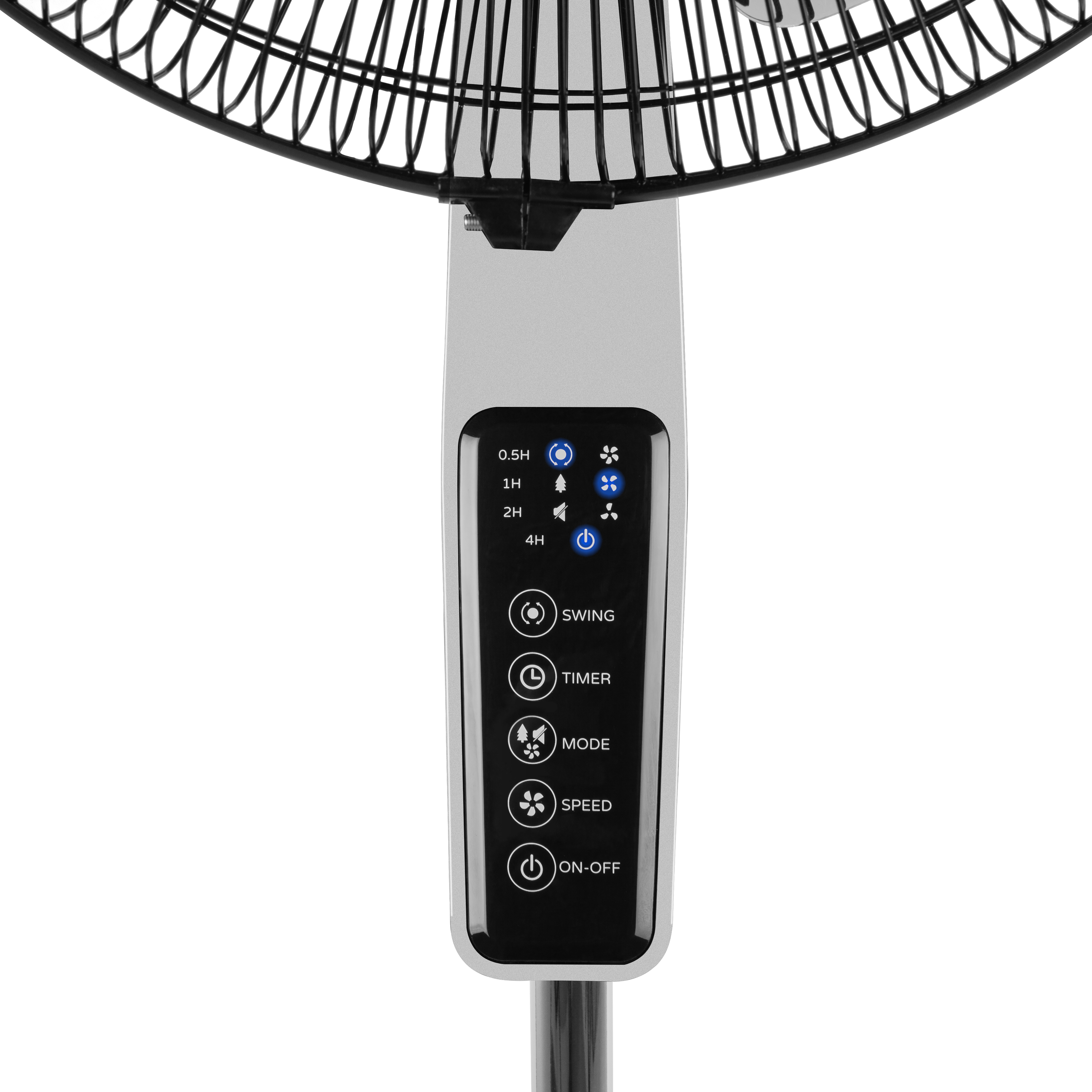 Panel sterowania wentylatora. Panel jest czarny z białymi symbolami i tekstem, w tym zasilaniem, prędkością, trybem i timerem.