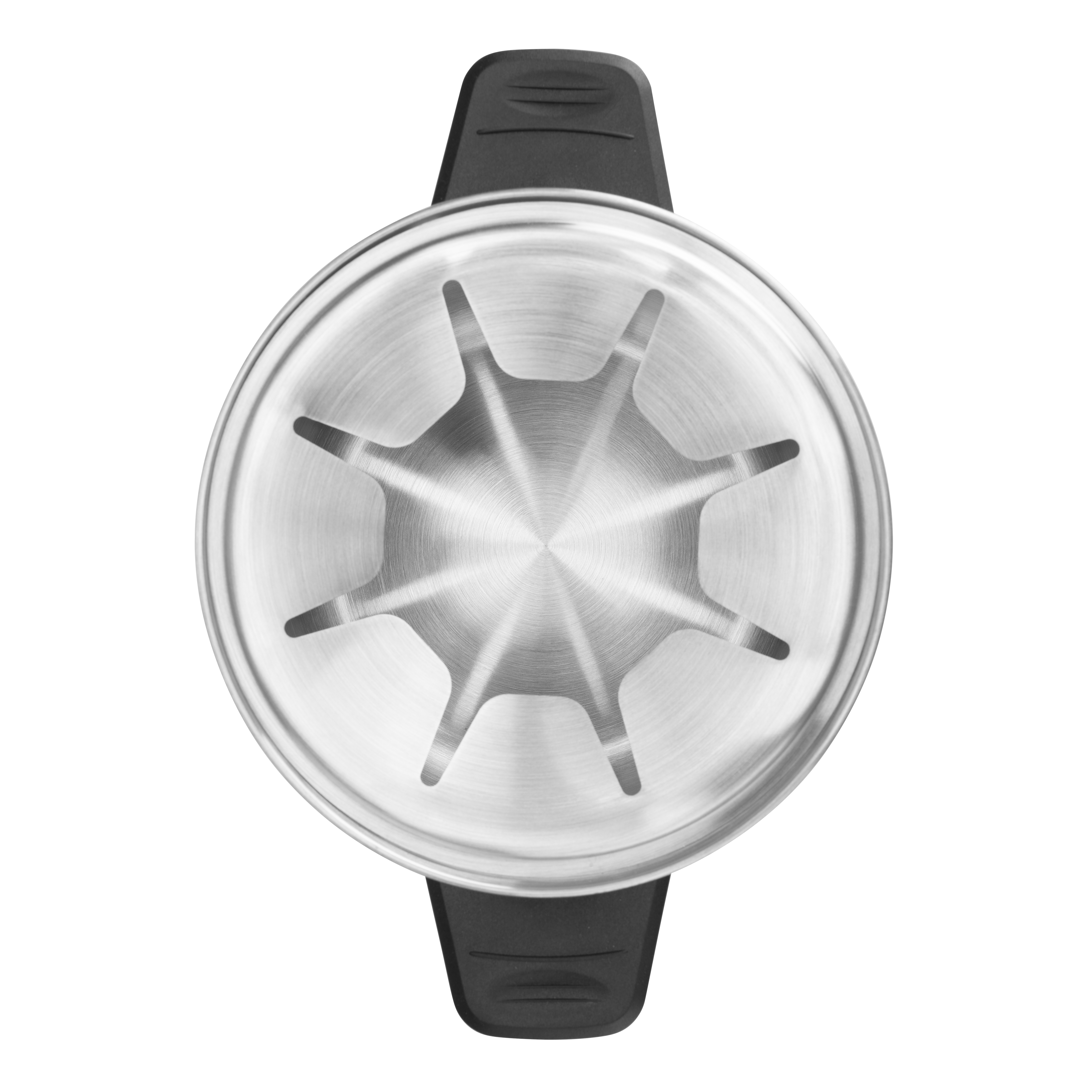 Czajnik ze stali nierdzewnej z czarnym uchwytem, widziany z góry, na białym tle.