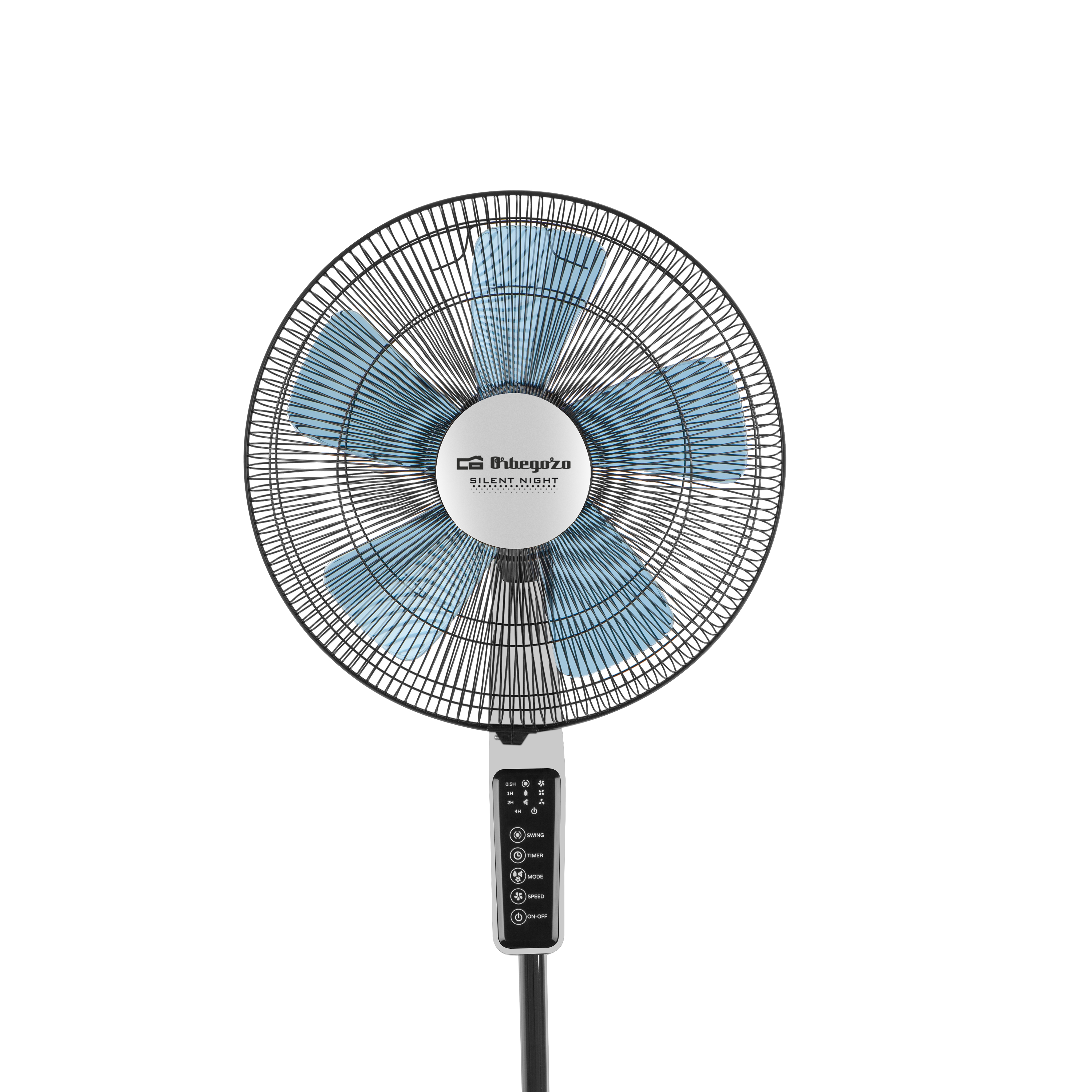 Czarno-niebieski wentylator stojący z panelem sterowania na białym tle.