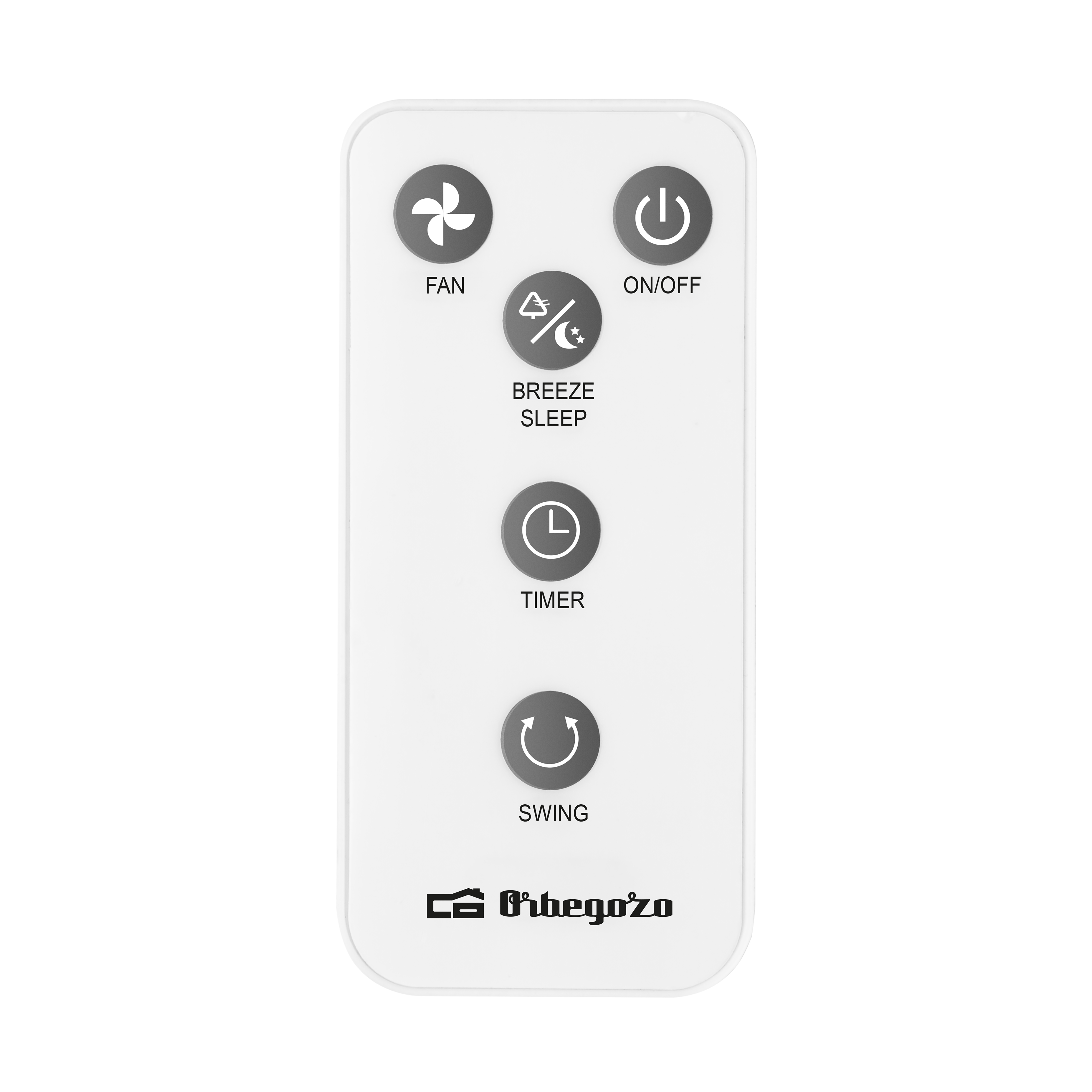 Mando a distancia blanco con botones para ventilador, encendido/apagado, brisa/sueño, temporizador y oscilación.