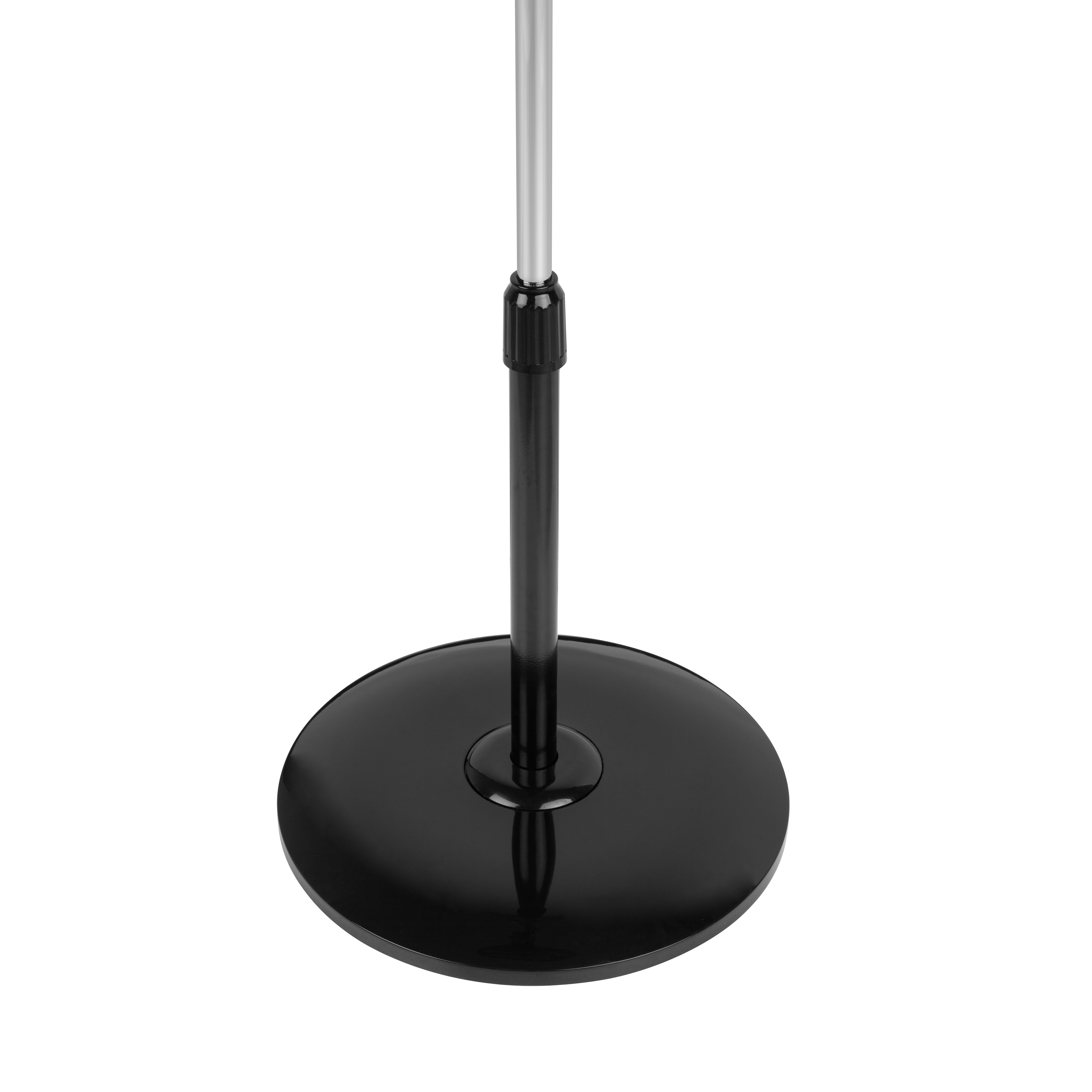 Czarny stojak podłogowy, okrągła podstawa, z centralnym czarnym słupkiem i srebrną regulowaną górą.