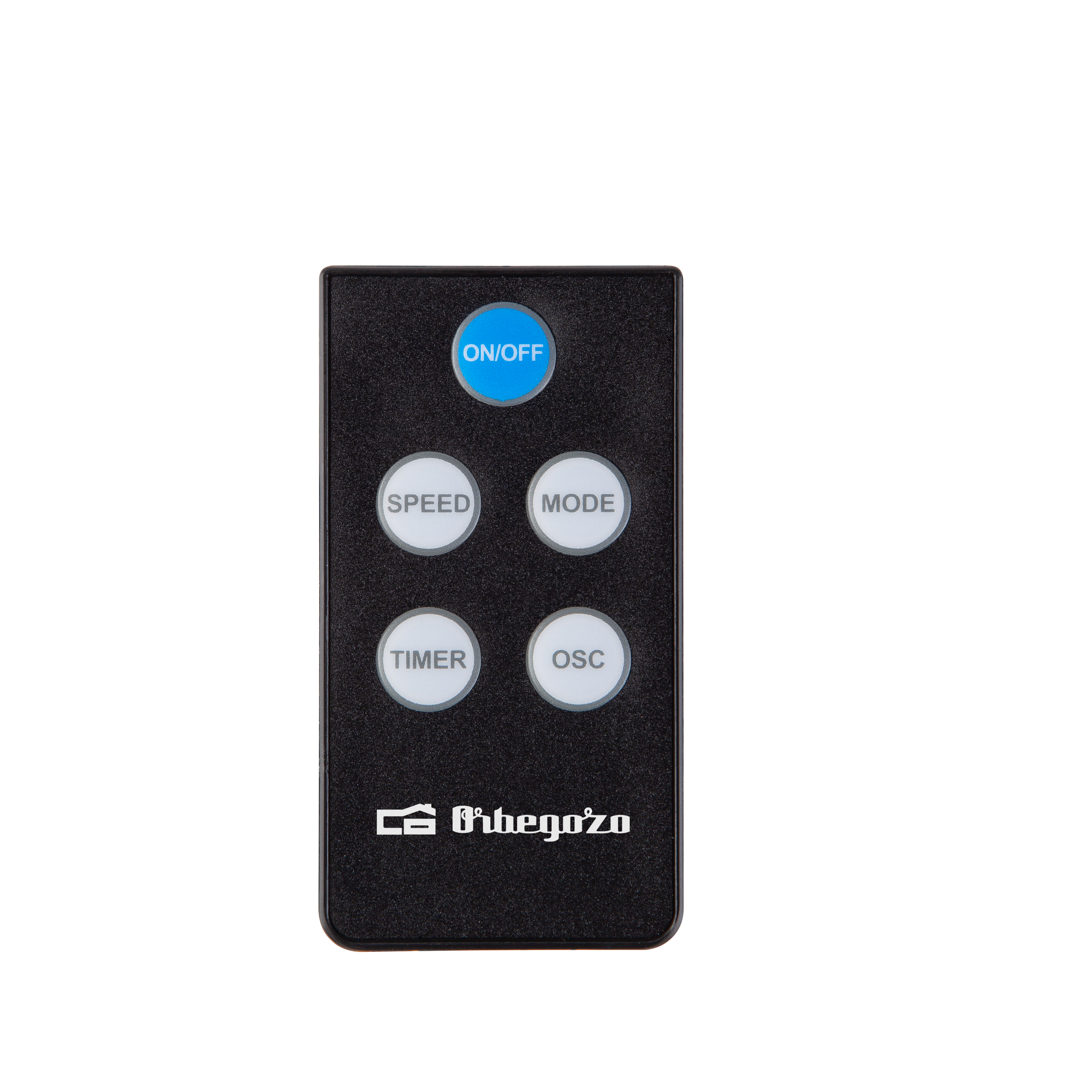 Czarny pilot z przyciskami: On/Off, Speed, Mode, Timer, OSC. Widoczne logo Orbegozo.