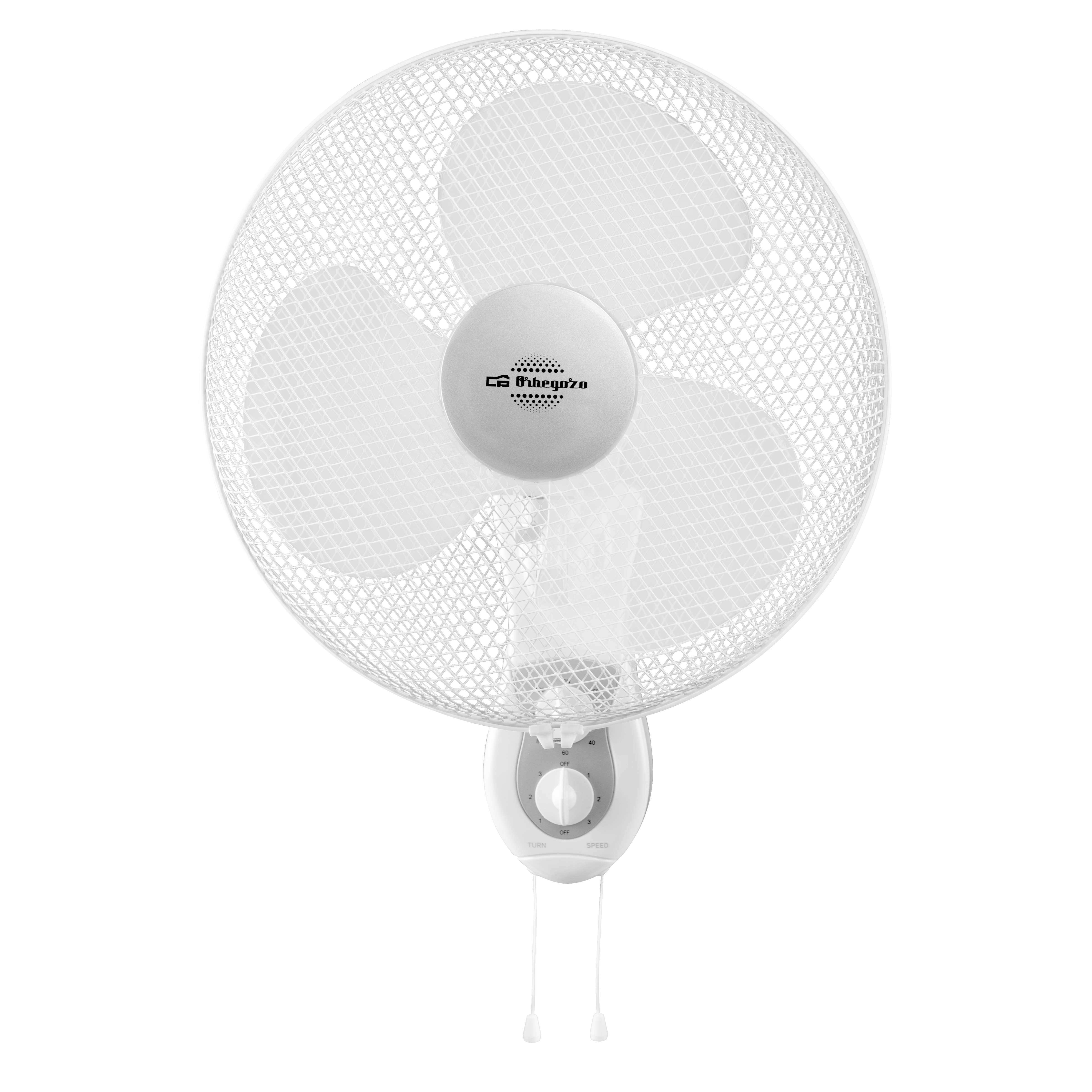 Biały wentylator ścienny z trzema łopatkami, zamknięty w białej siatce ochronnej. Wentylator jest na białej ścianie.