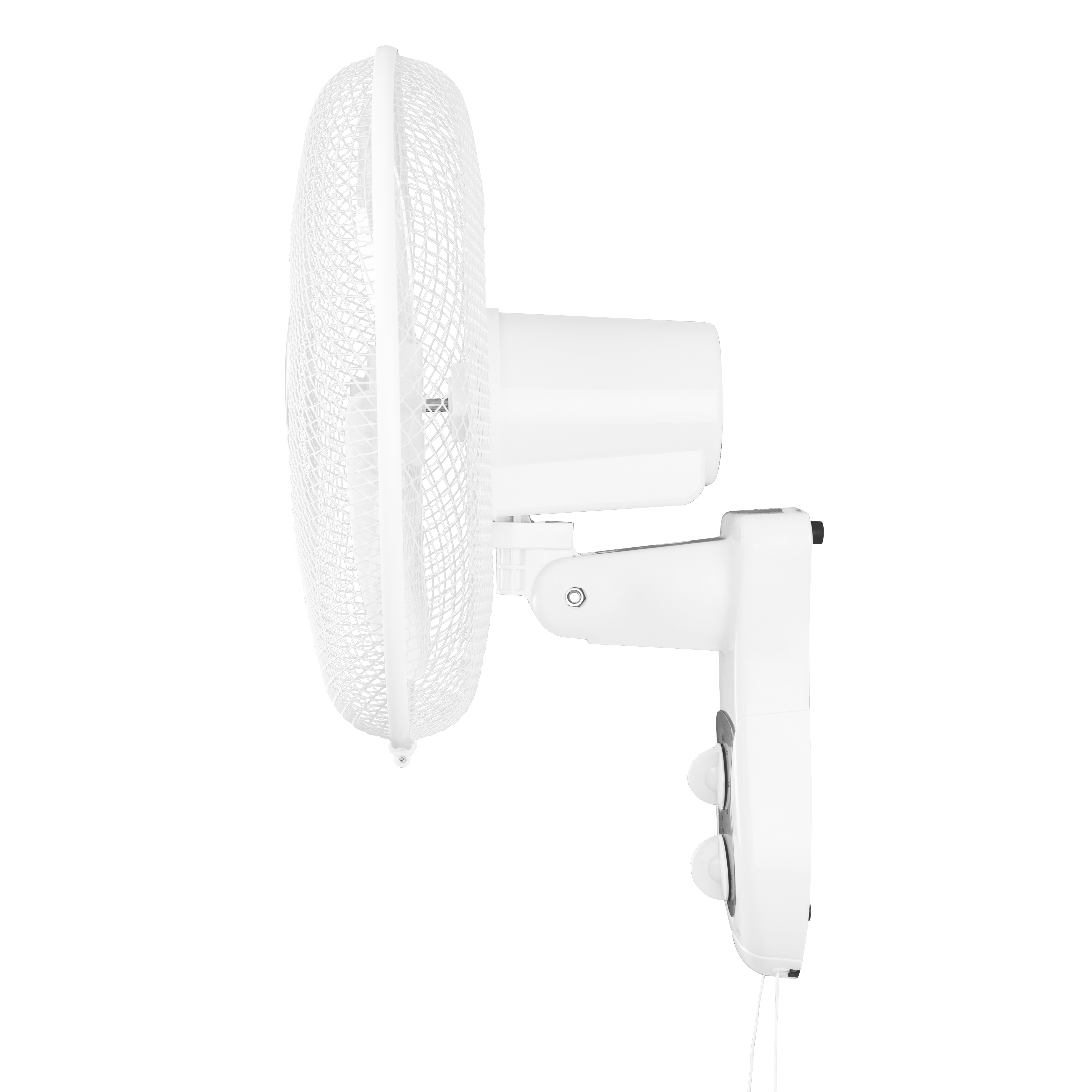 Biały wentylator ścienny. Ma osłonę wentylatora i panel sterowania z przyciskami z boku.