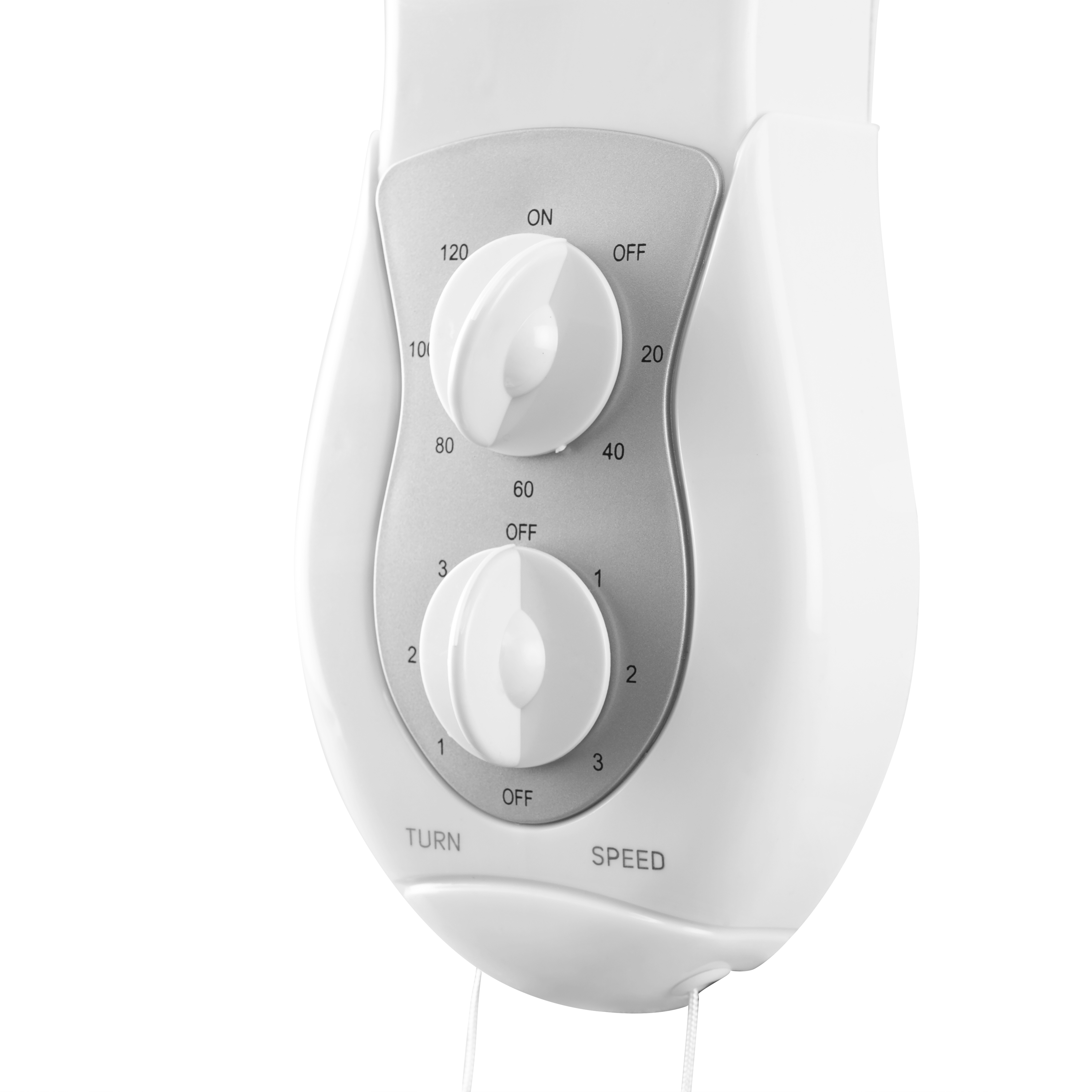 Biały panel sterowania z dwoma pokrętłami. Liczby wskazują ustawienia. Do wentylatora.