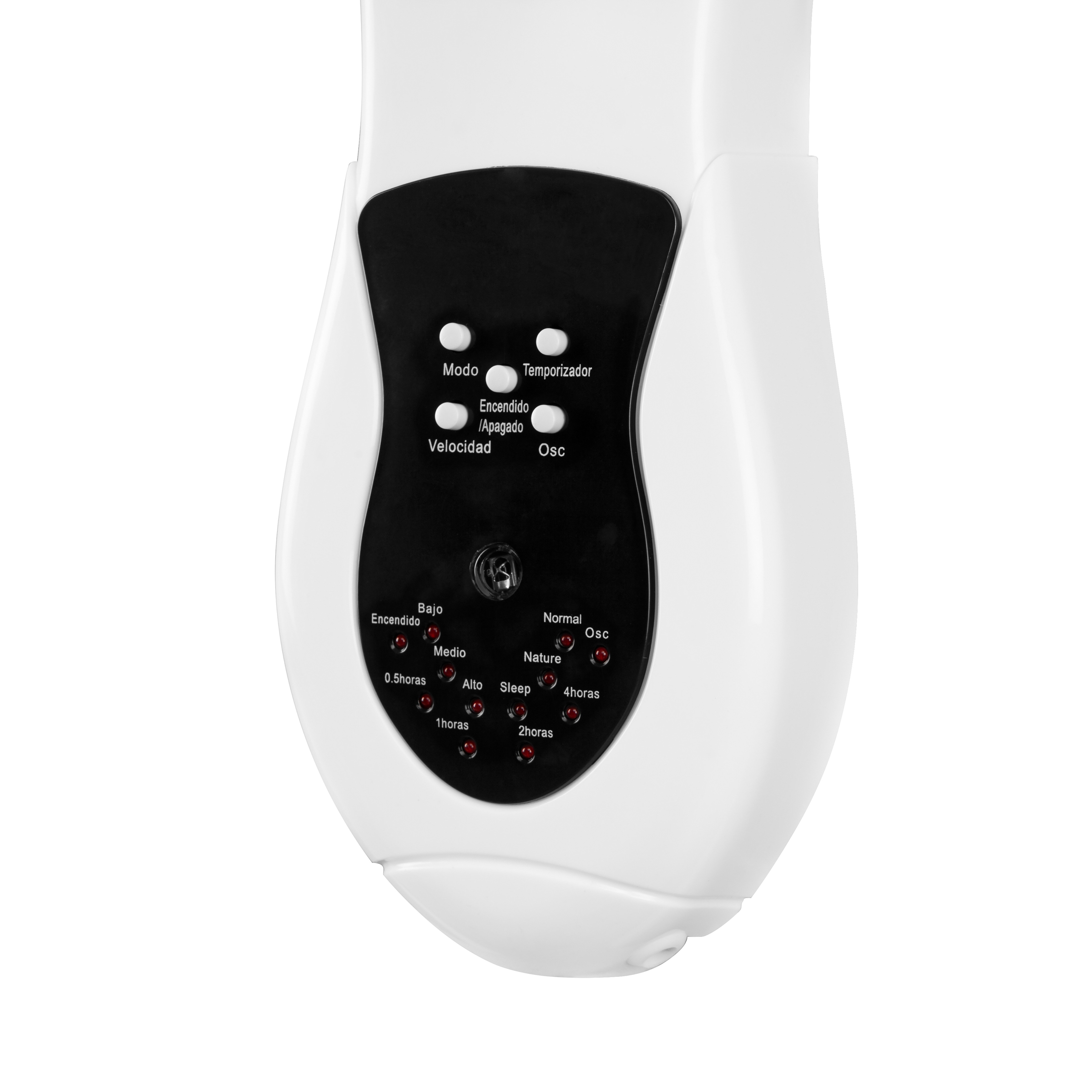 Un pannello di controllo ventola bianco con pulsanti e spie. Mostra varie impostazioni.