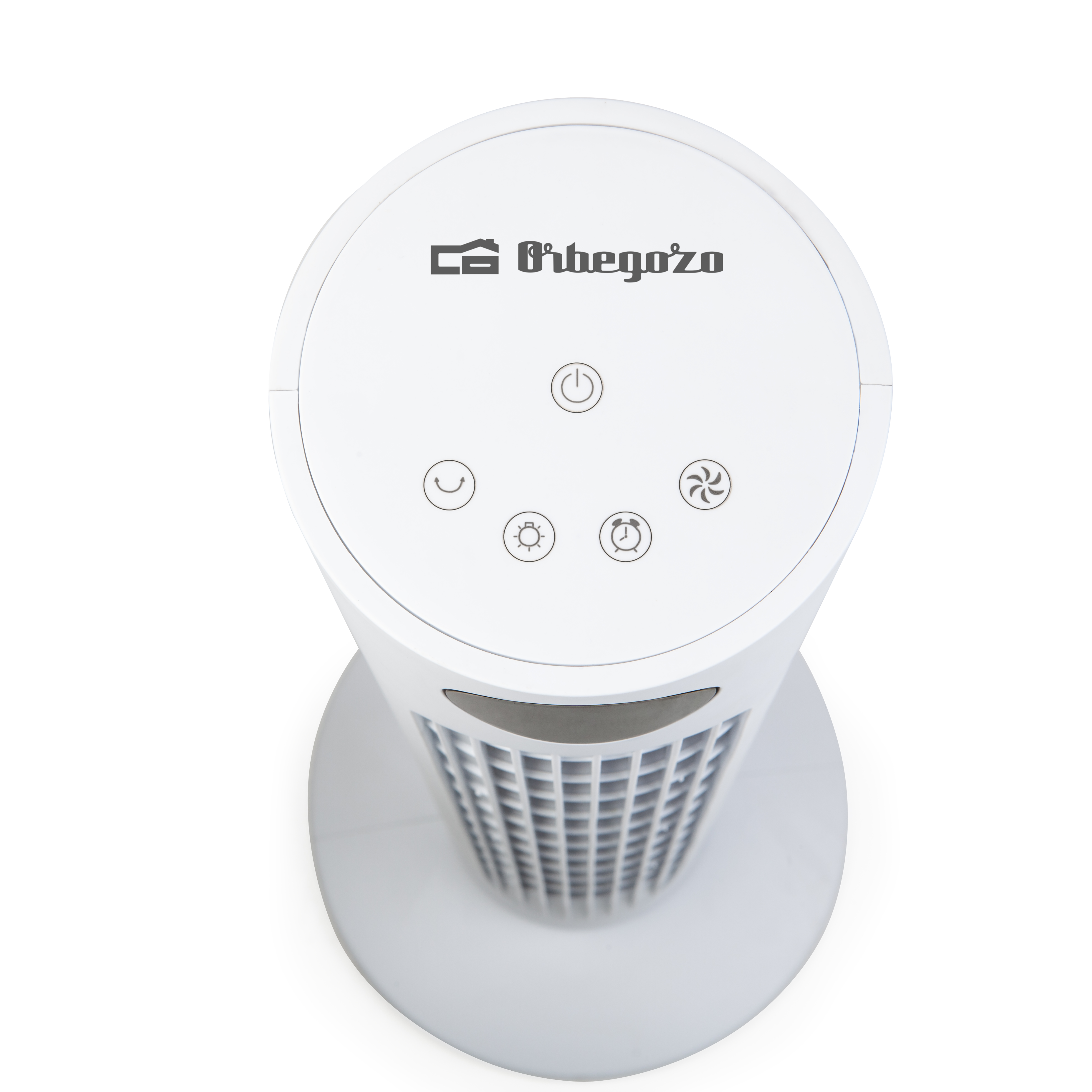 Ventilador de torre blanco, vista superior, con panel de control y logos.