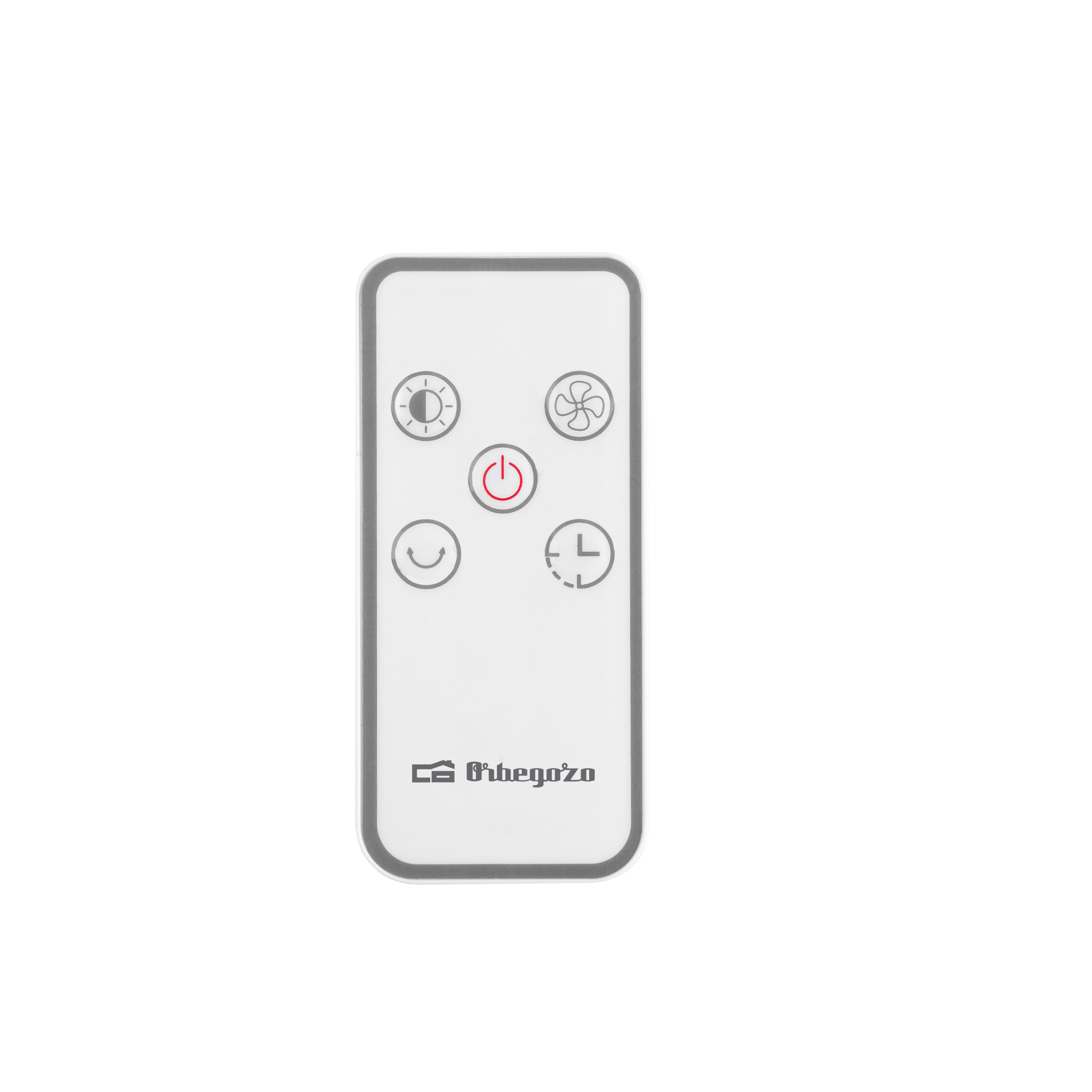 Mando a distancia blanco con botones de encendido, ventilador, luz y temporizador.