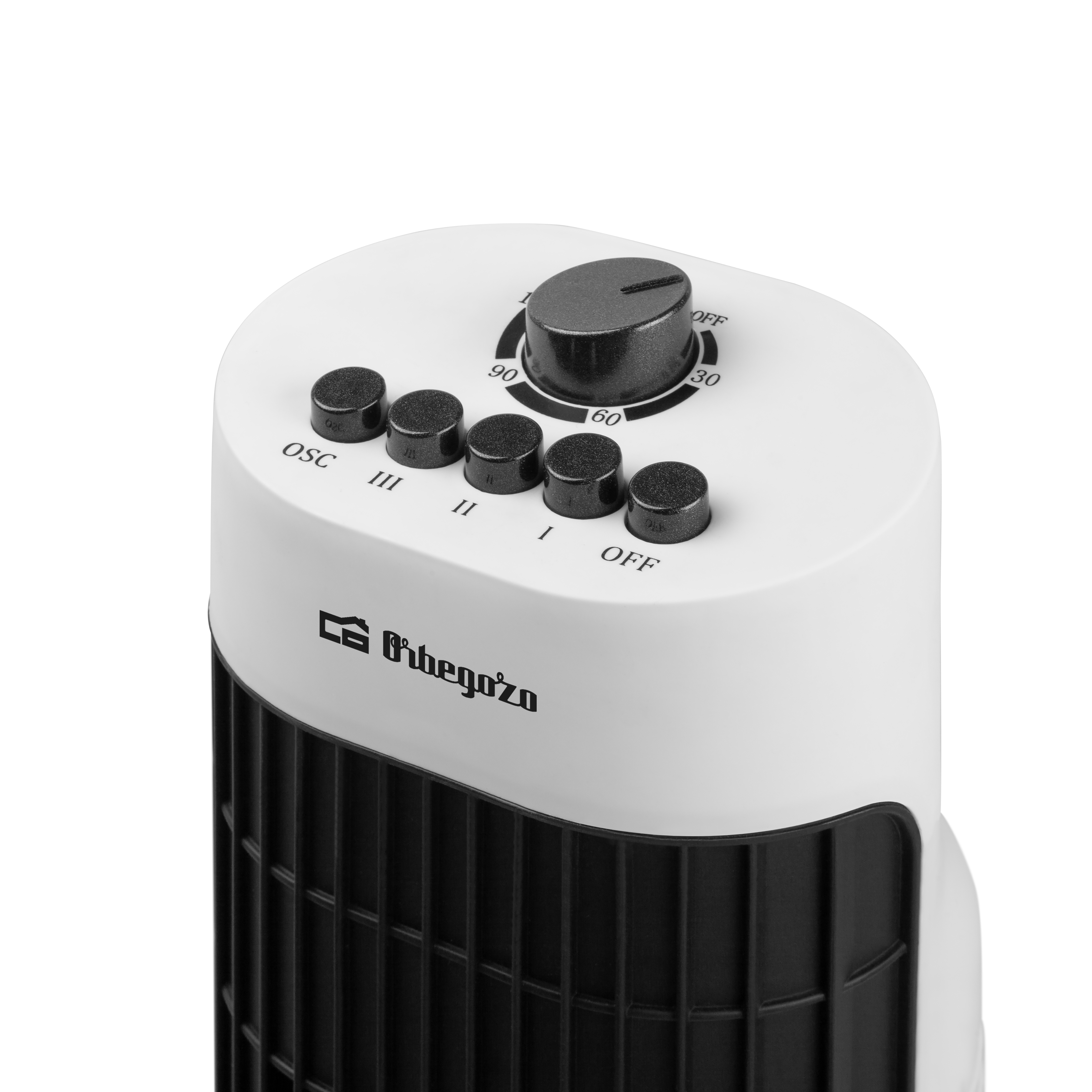 Biało-czarny wentylator wieżowy. Posiada przyciski i pokrętło z ustawieniami.