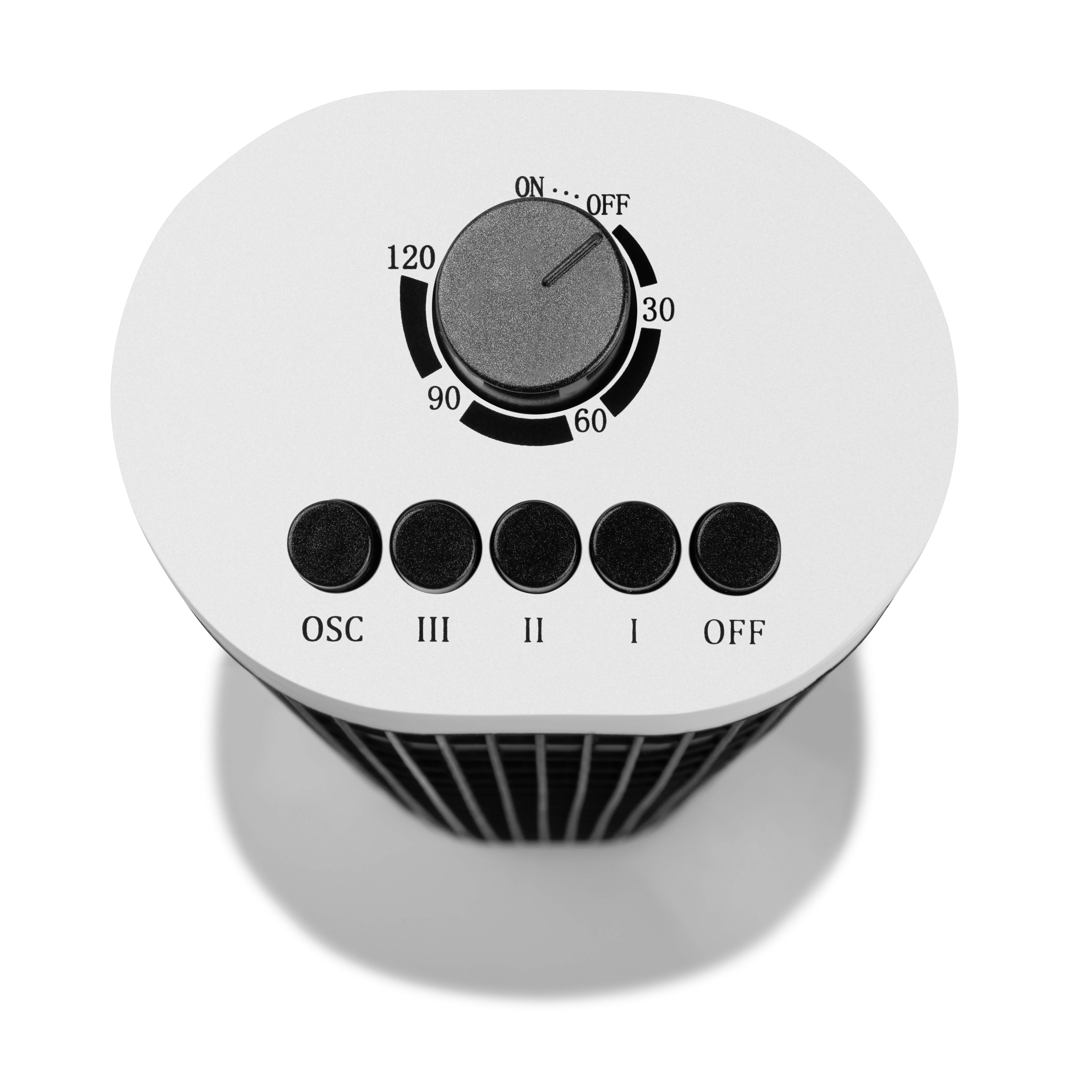 Widok z góry na biały wentylator z przyciskami i pokrętłem. Widoczne czarne paski.