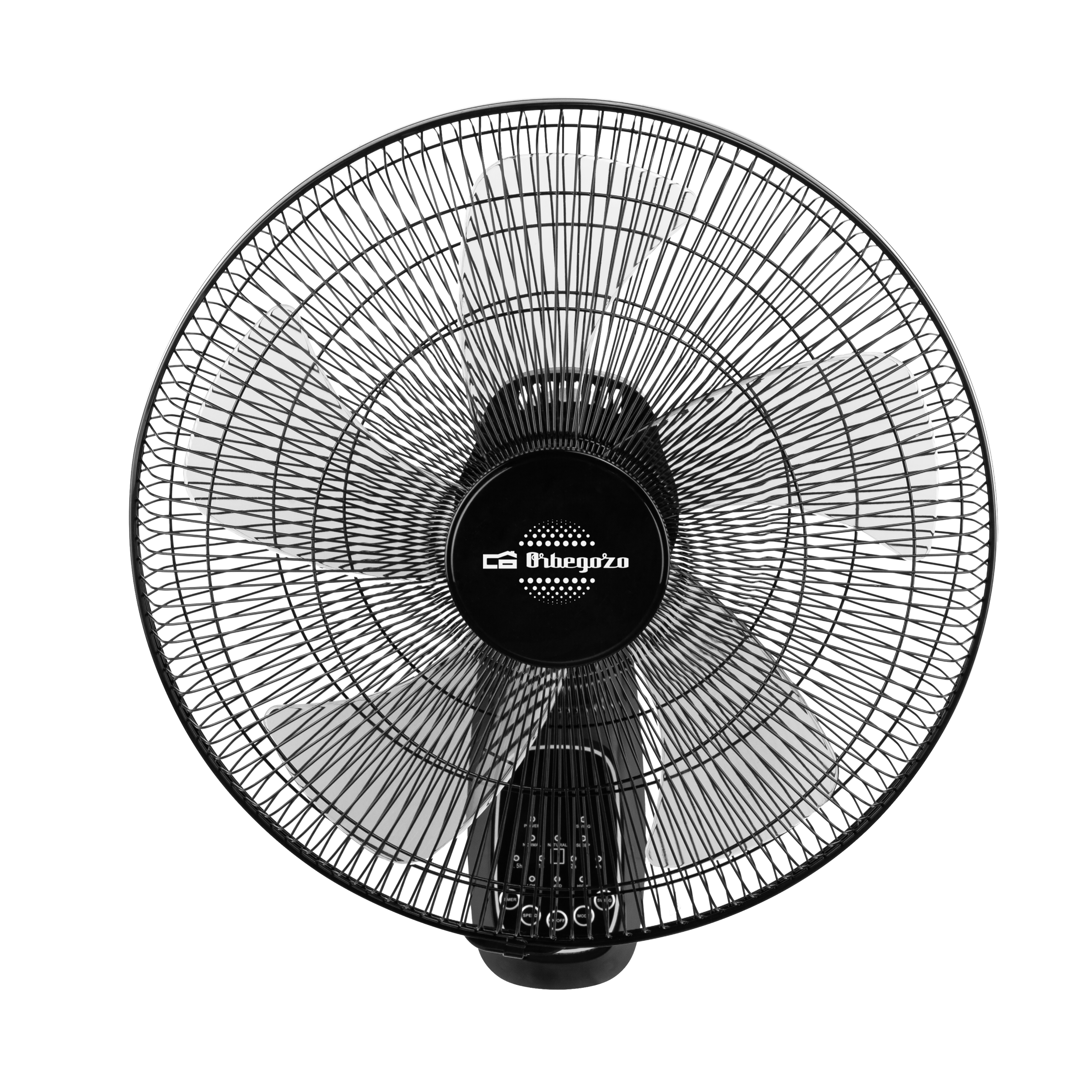 Czarny wentylator ścienny z okrągłą kratką i przyciskami sterowania, widok z góry.