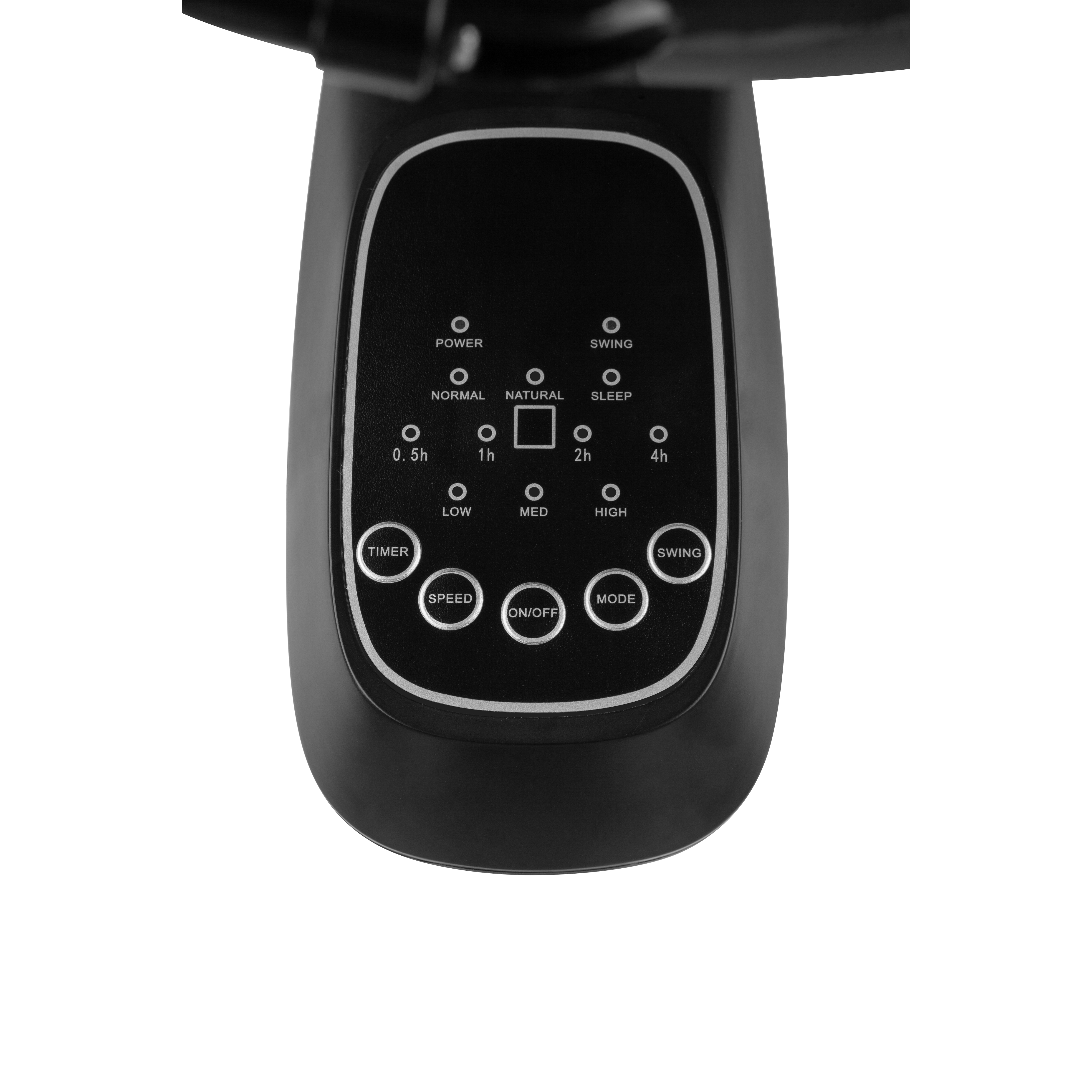 Panel sterowania wentylatorem. Posiada przyciski zasilania, prędkości, timera i trybu. Czarny.