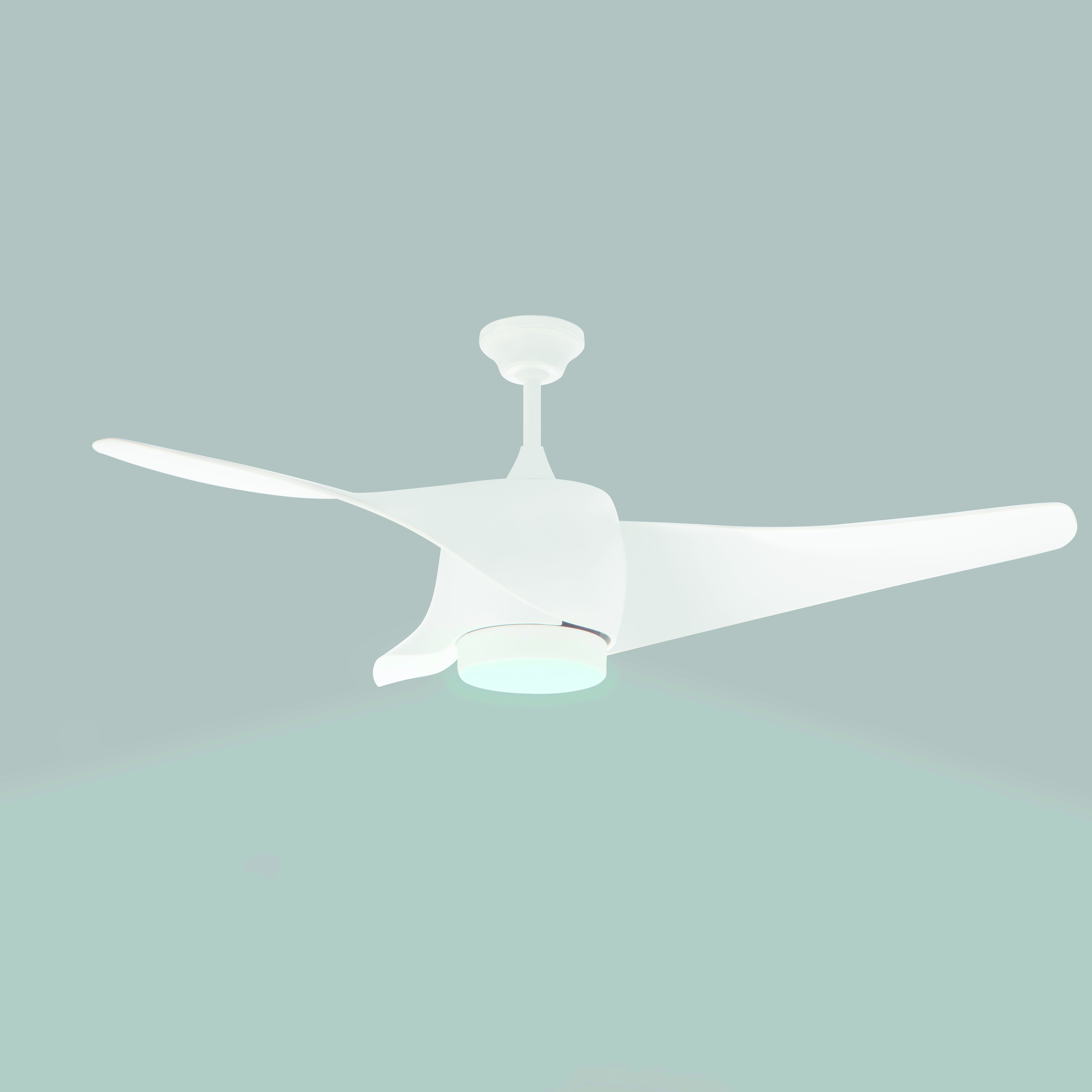 Biały wentylator sufitowy z trzema zakrzywionymi łopatkami, na jasnoszarym tle. Prosty i nowoczesny design.