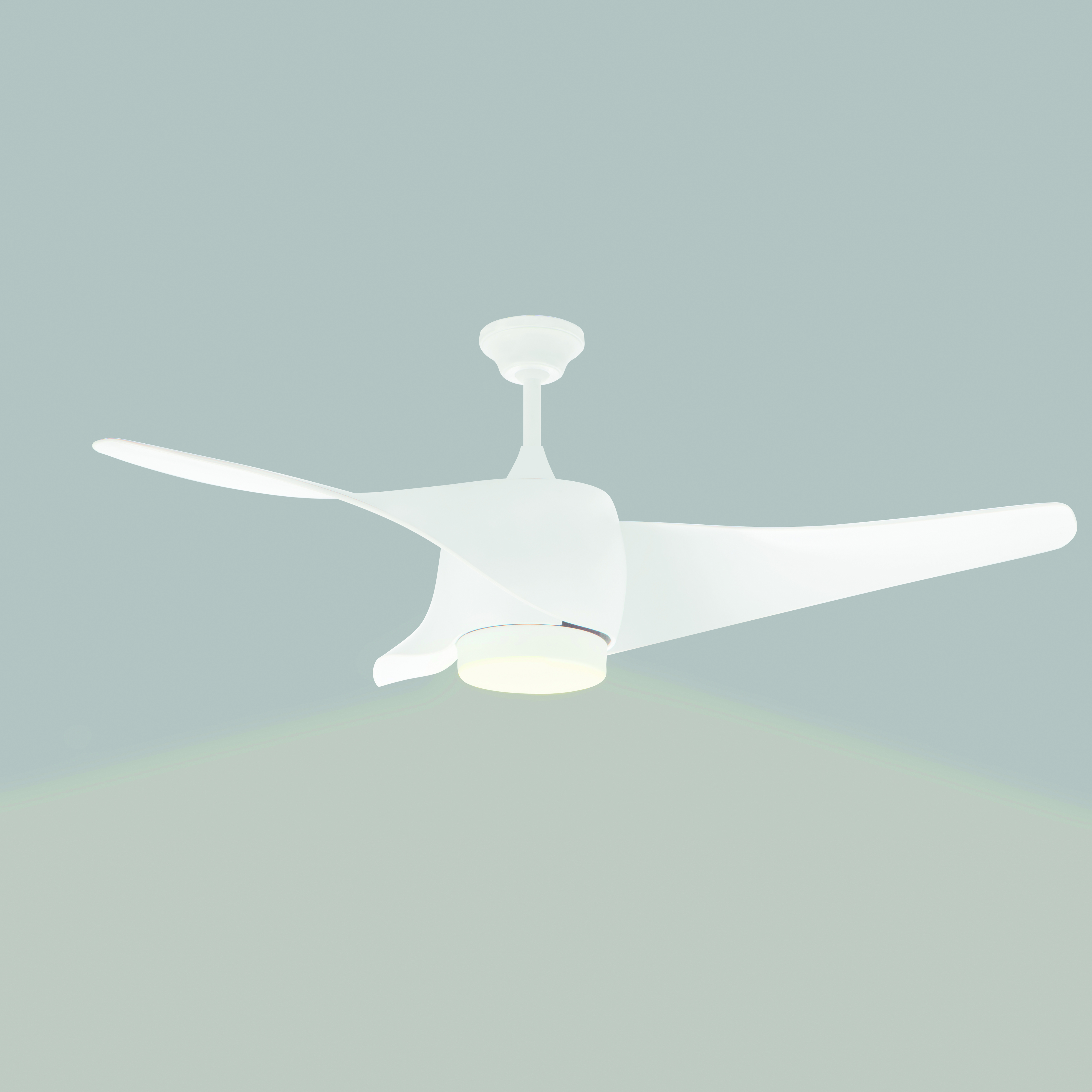 Biały wentylator sufitowy z trzema zakrzywionymi łopatkami i światłem. Szare tło.