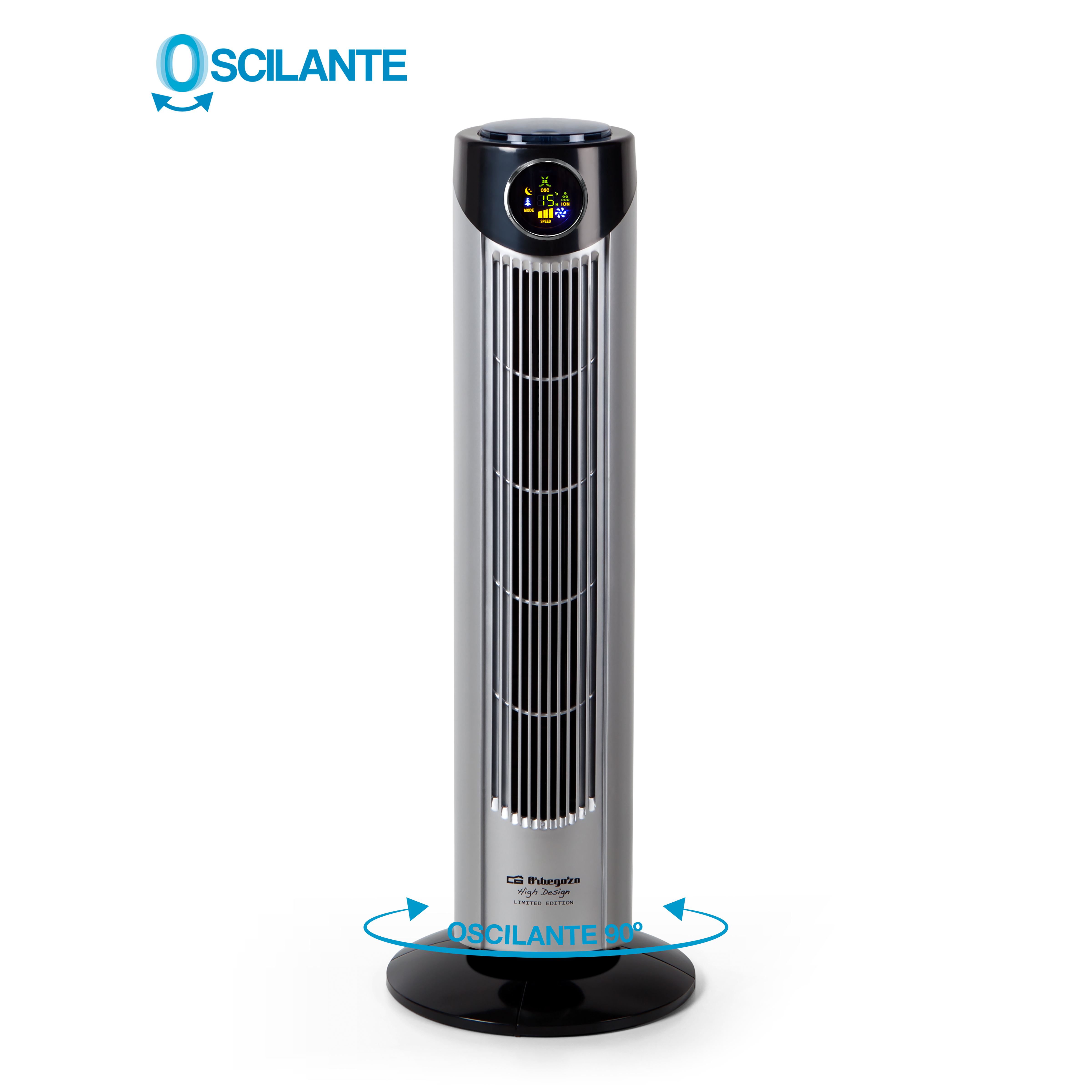 Un ventilador de torre oscilante plateado con base y pantalla negras, con la palabra OSCILANTE.