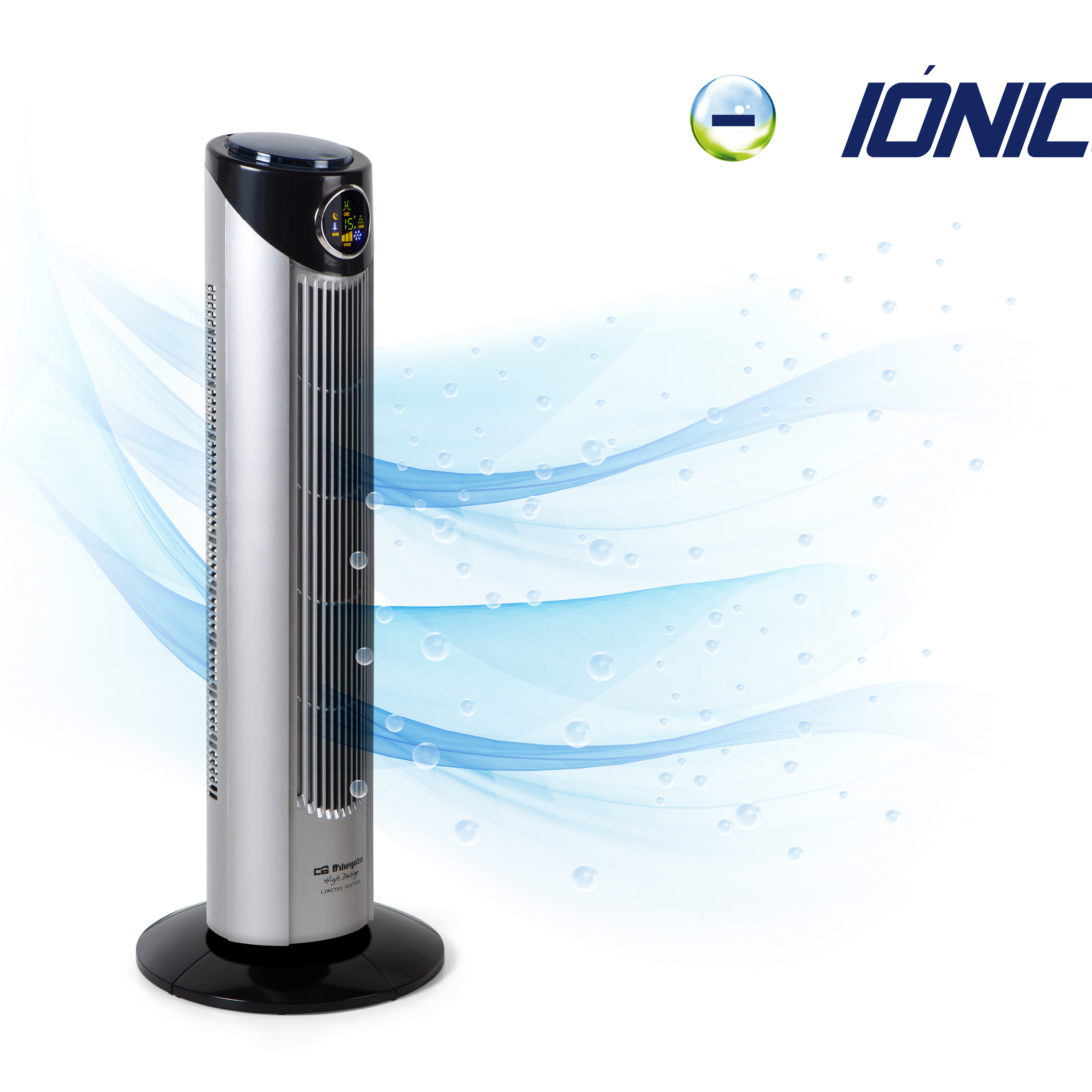 Ventilador de torre plateado y negro con efecto de flujo de aire azul y marca 'IONIC'.