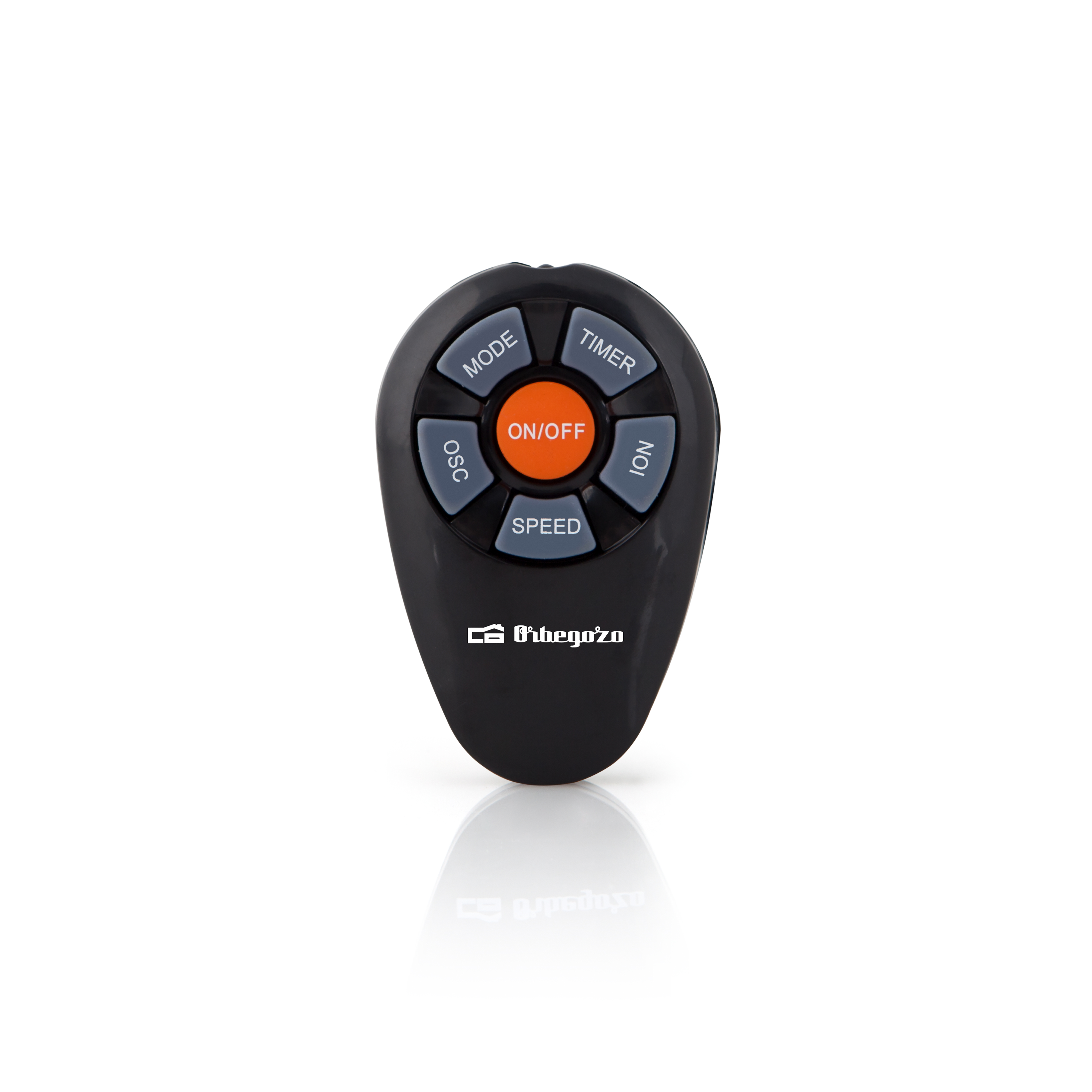 Un mando a distancia negro con varios botones, incluyendo ON/OFF, MODE, TIMER y SPEED, sobre superficie blanca.