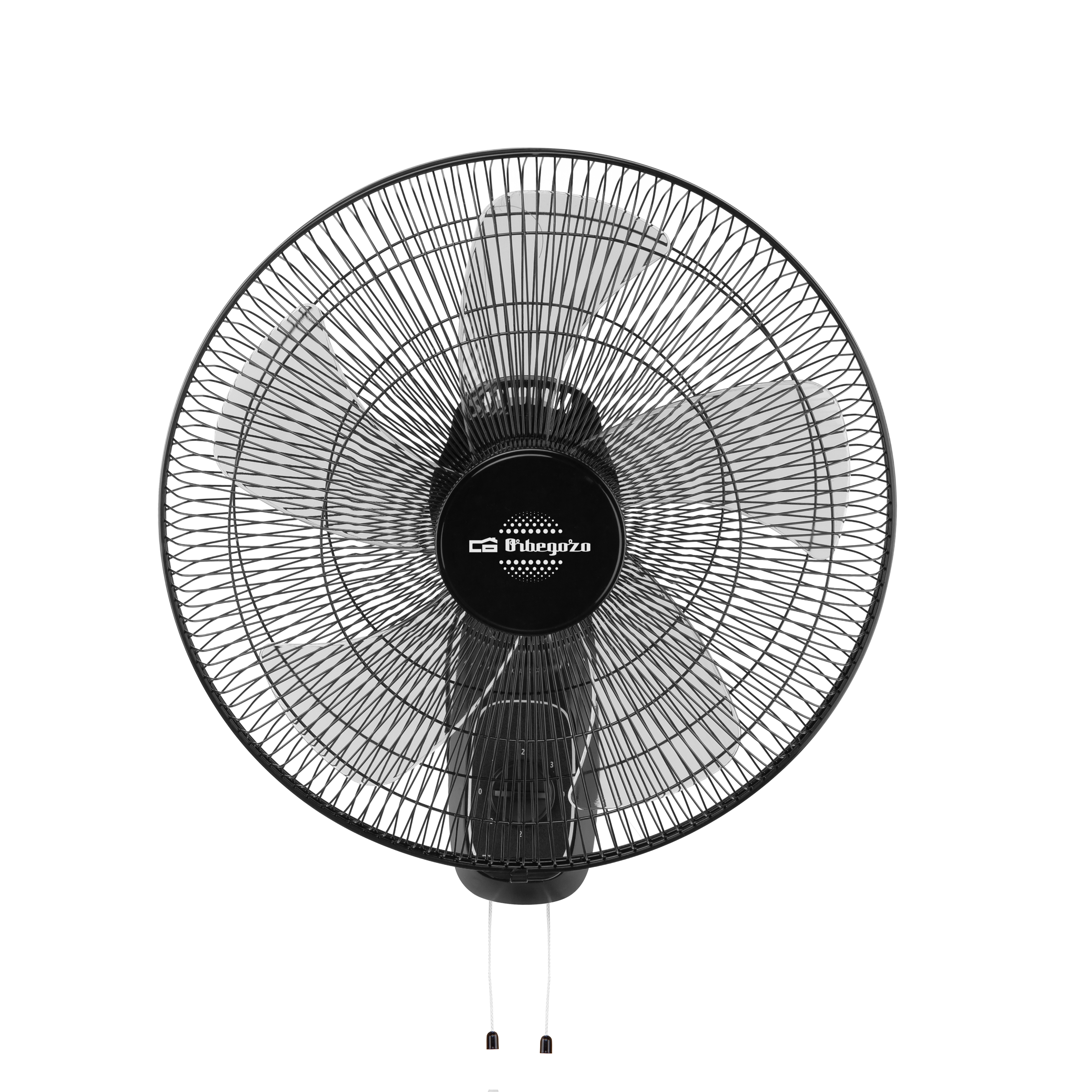 Un ventilatore a parete nero con design circolare e cavi bianchi.