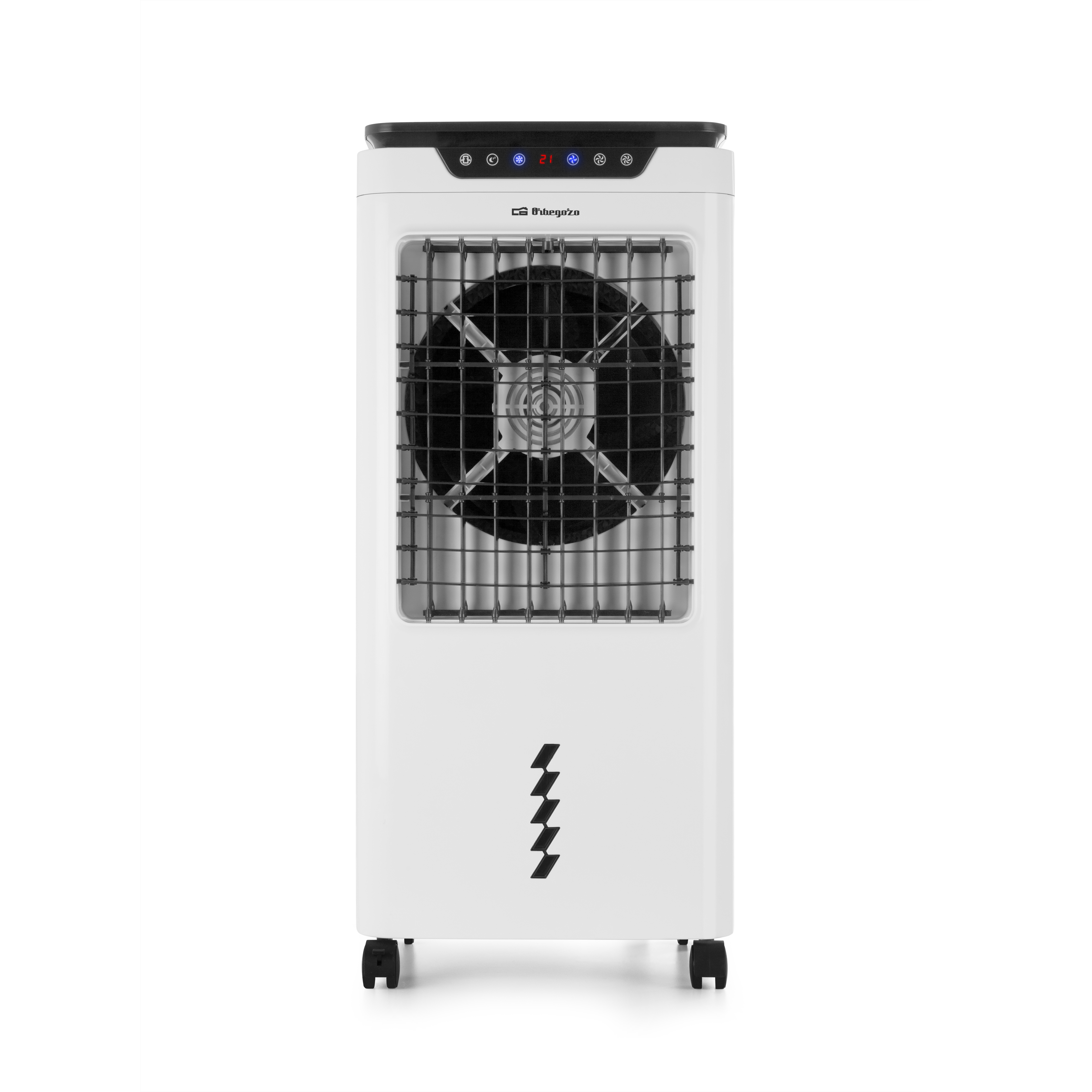 Enfriador de aire blanco con rejilla negra y panel de control. El enfriador tiene ruedas.
