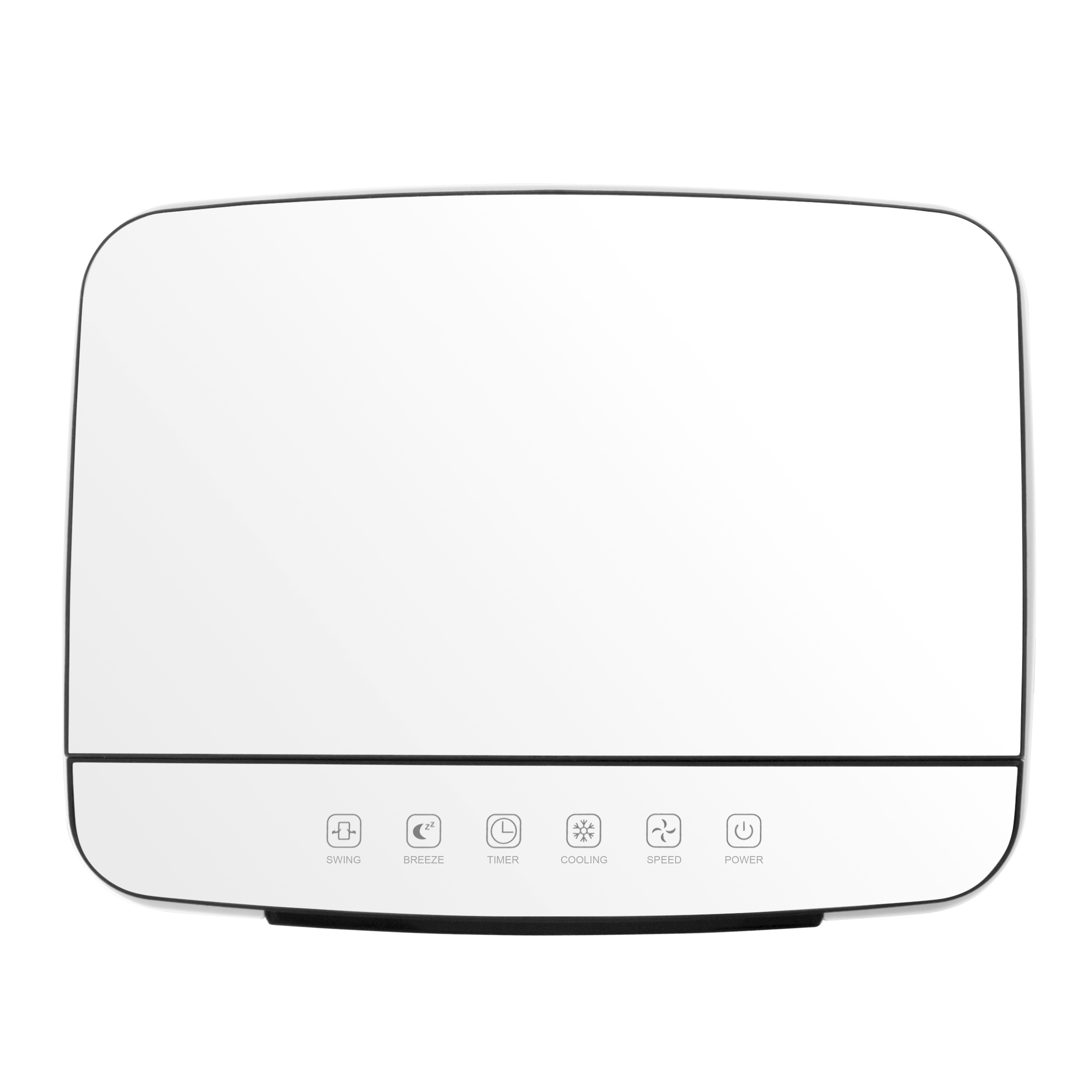 Un enfriador de aire blanco con botones de control: oscilación, brisa, temporizador, enfriamiento, velocidad y encendido.