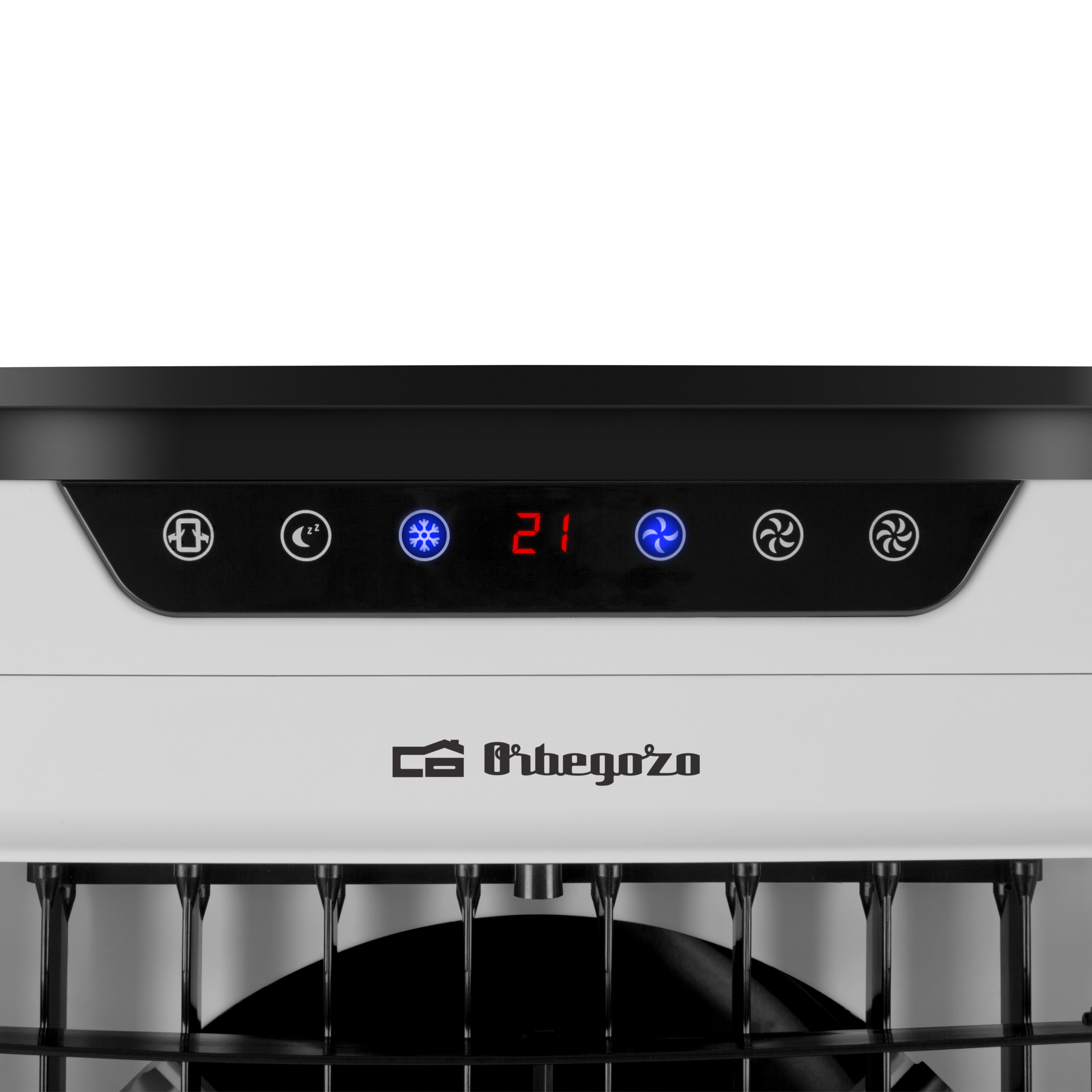 Un enfriador de aire blanco y negro con una pantalla digital que muestra el número 21.