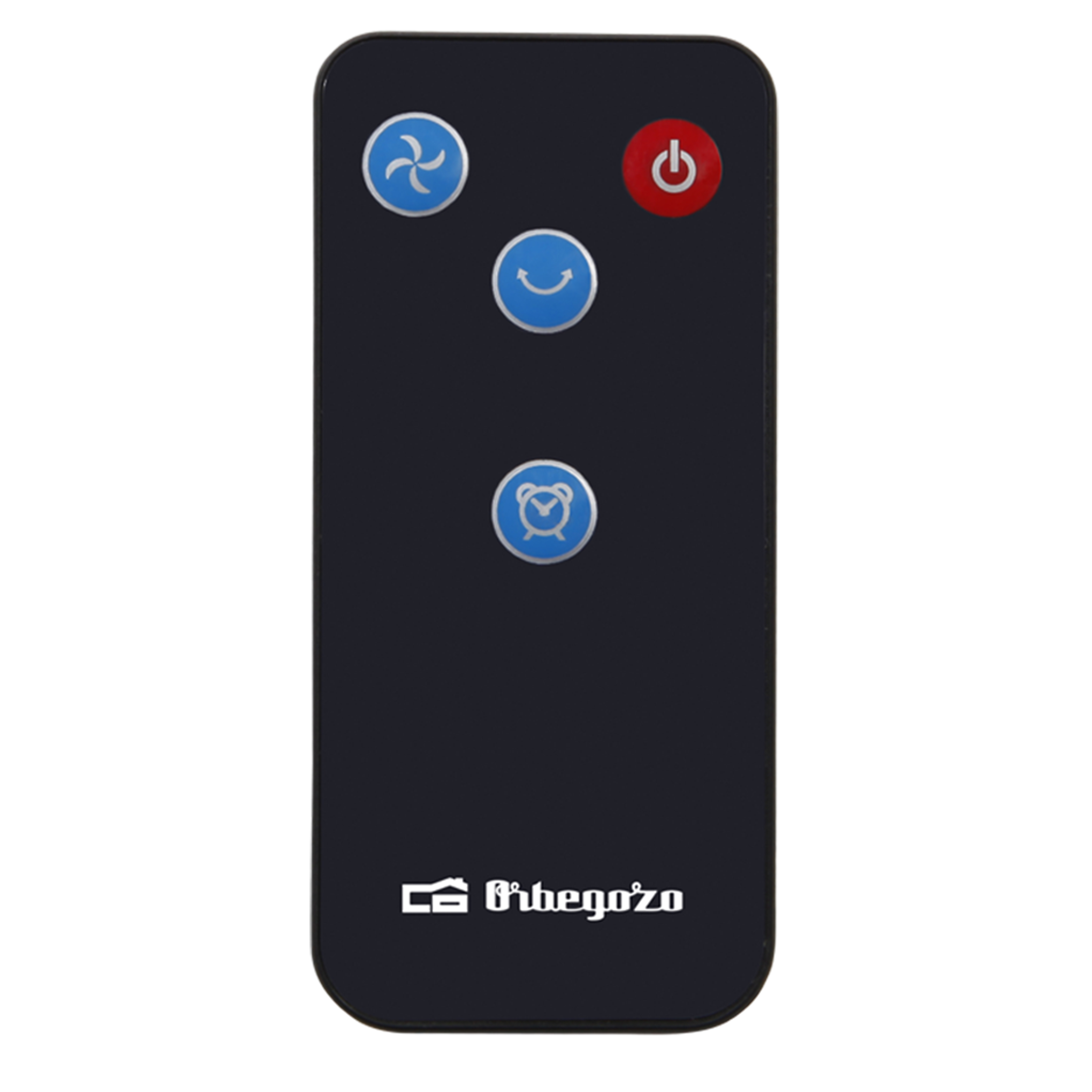 Czarny pilot z niebieskimi i czerwonymi przyciskami. Nazwa marki 'Bibegozo' jest na dole.