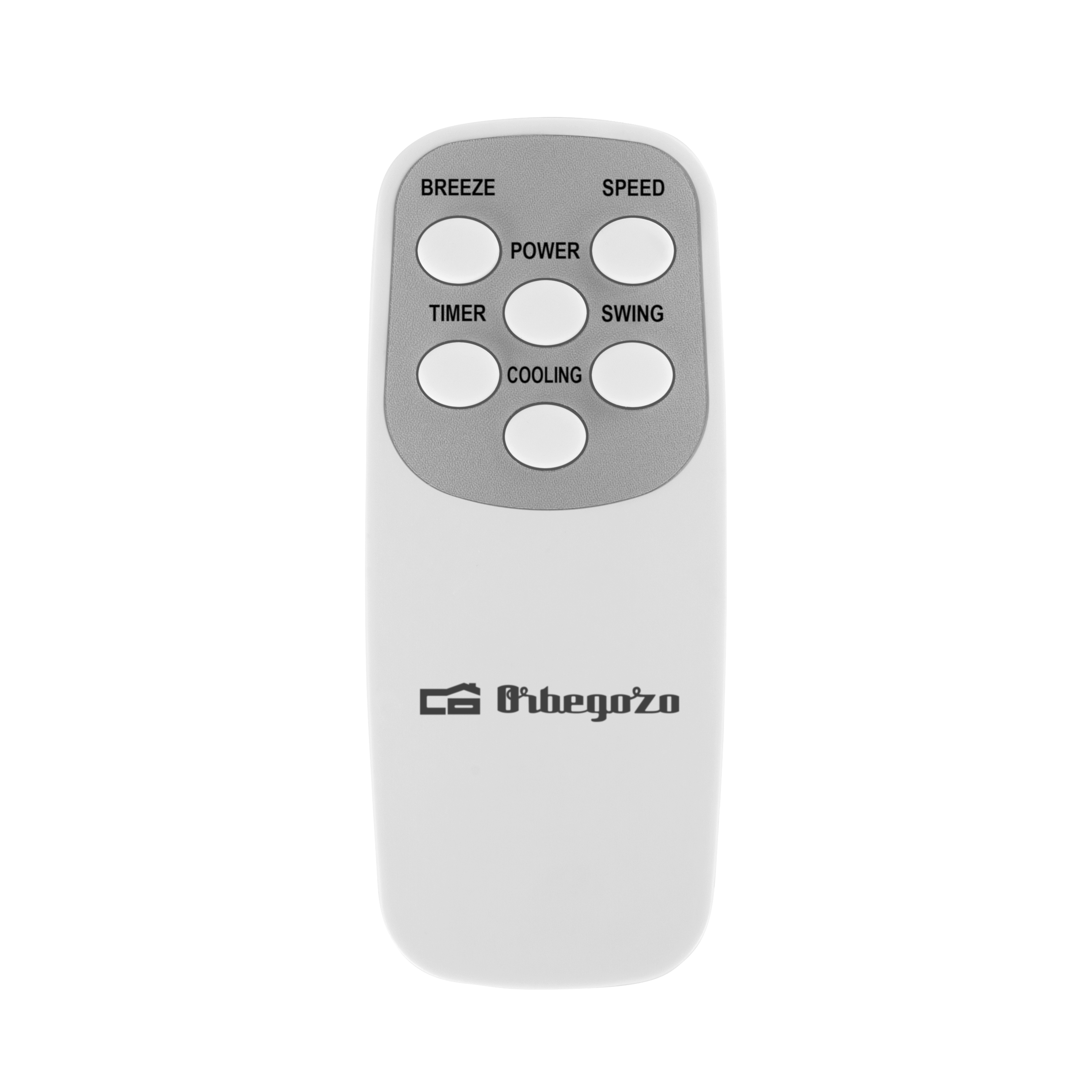 Mando a distancia blanco con botones etiquetados 'Breeze', 'Power', 'Timer', 'Cooling' y 'Swing'.
