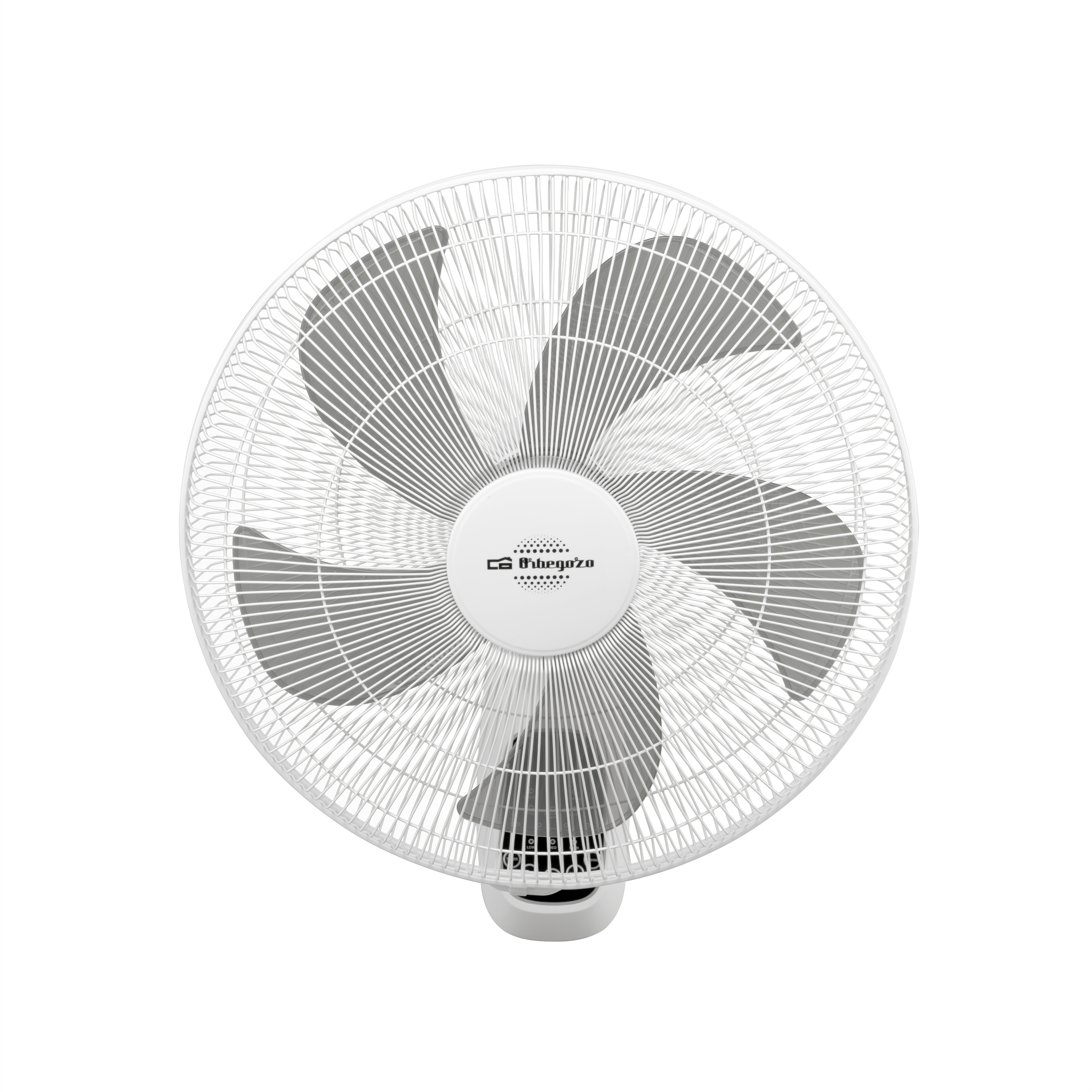 Biały wentylator ścienny z sześcioma szarymi łopatkami, białą obudową i panelem sterowania.