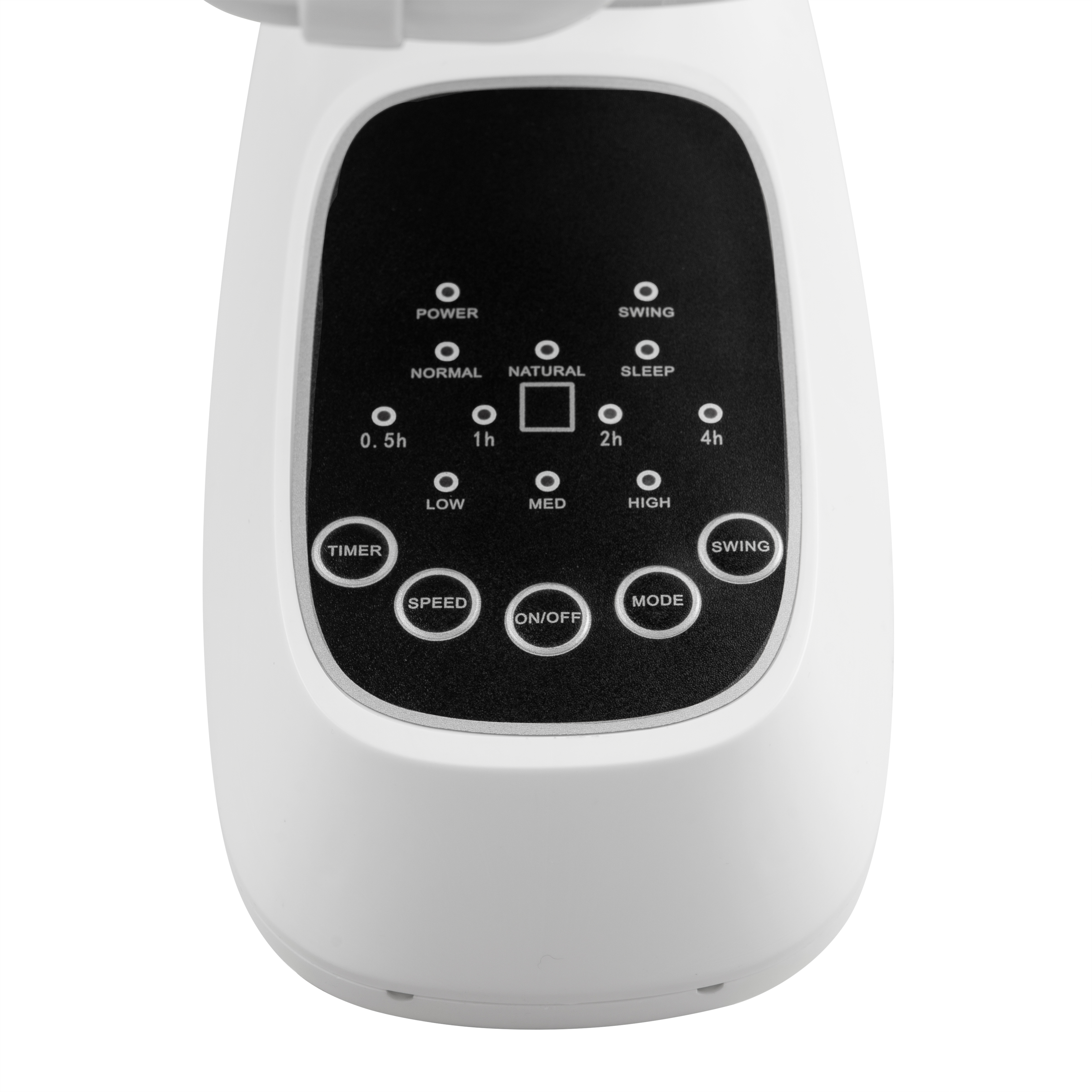 Zbliżenie białego panelu sterowania wentylatorem z przyciskami zasilania, timera, prędkości i trybów.