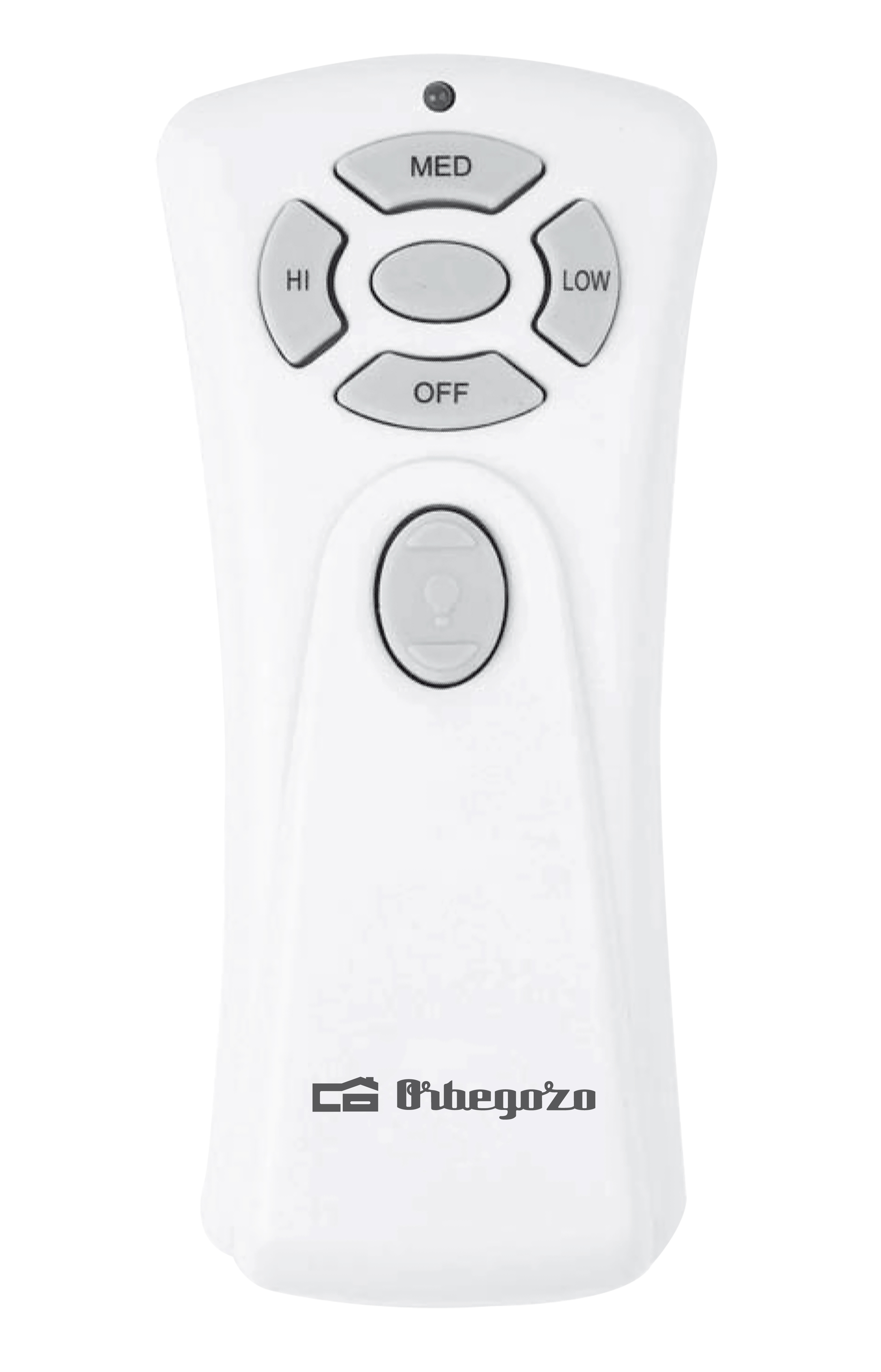 Biały pilot Orbegozo z przyciskami do różnych prędkości wentylatora i przyciskiem wyłączania.