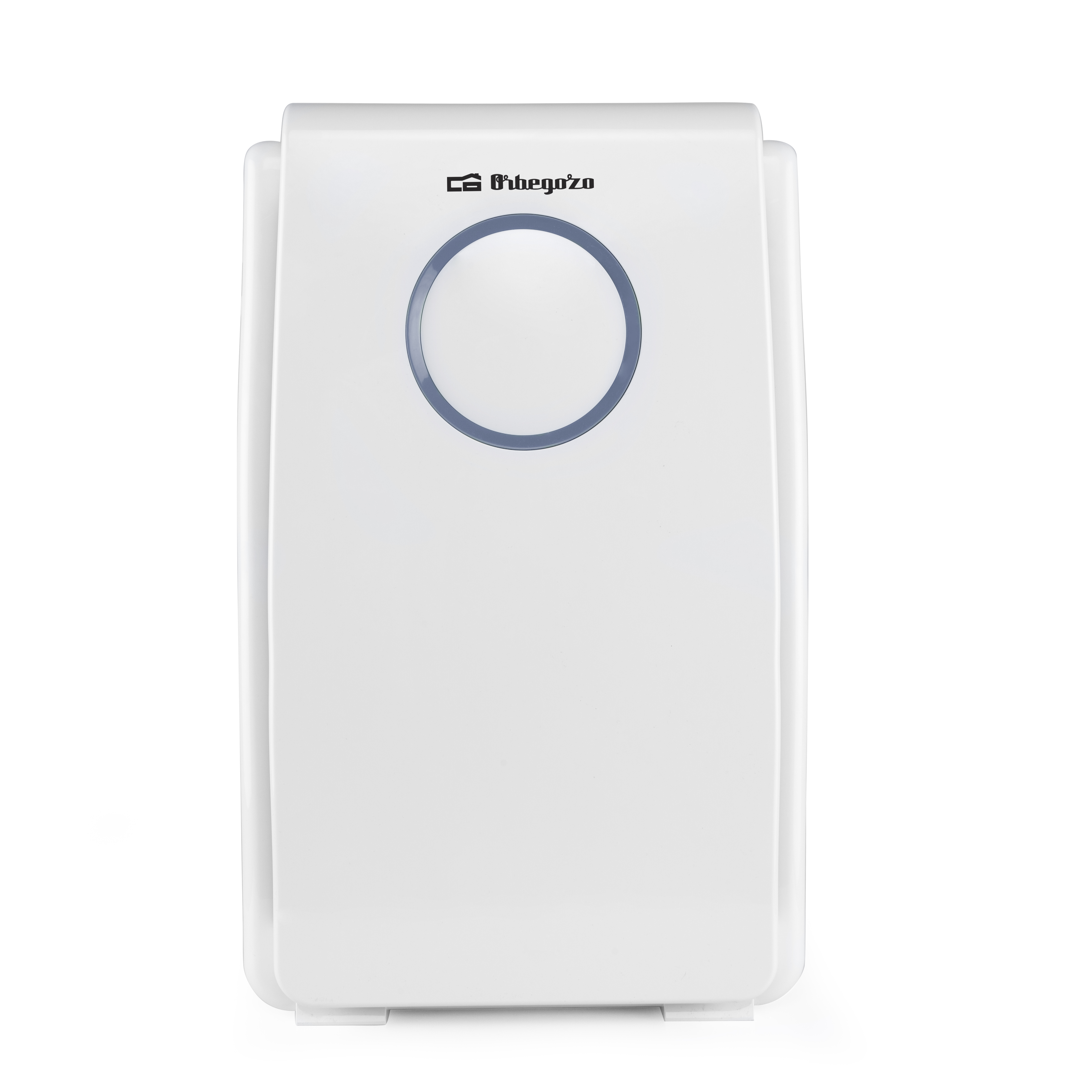 Purificatore d'aria bianco con luce blu circolare sul pannello frontale.