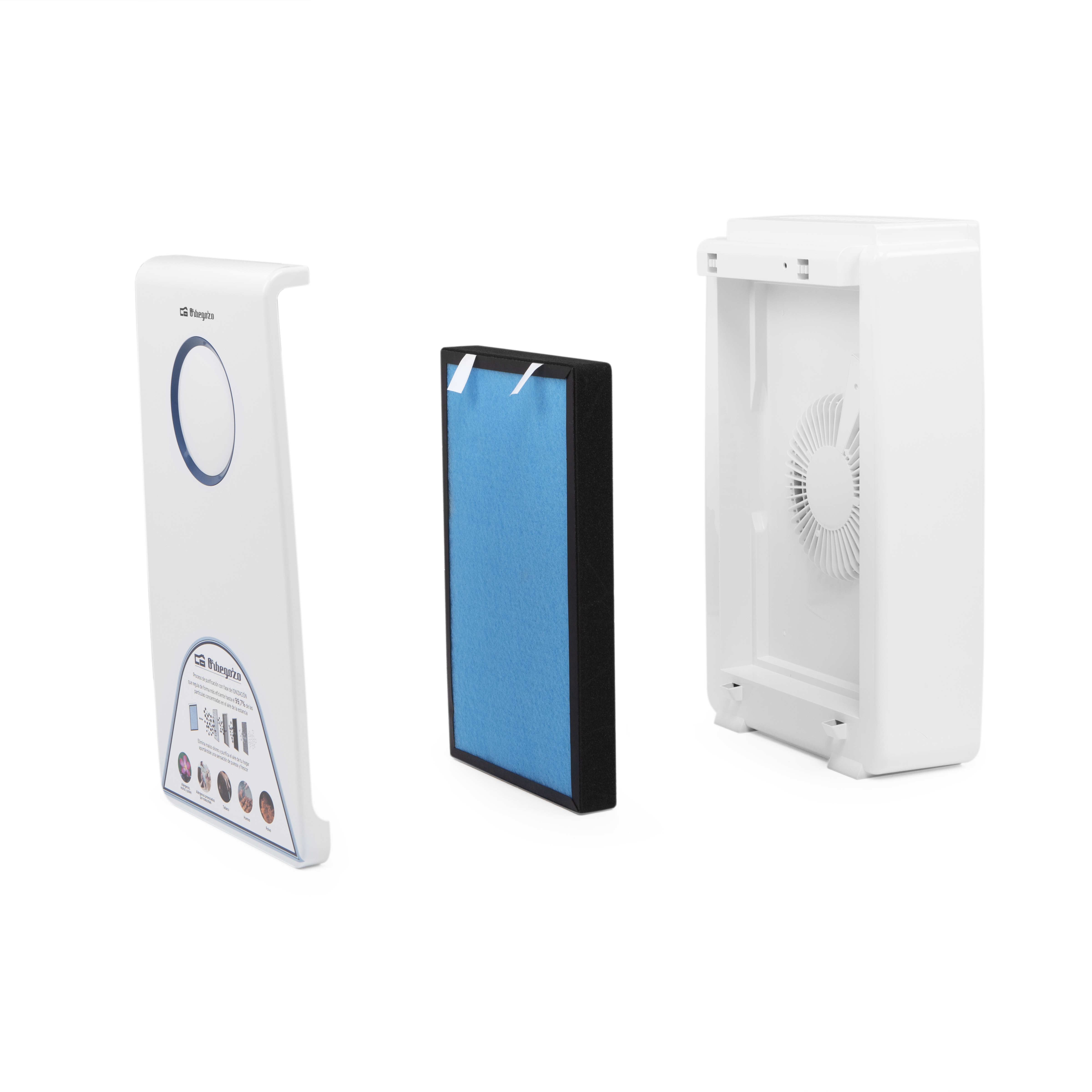 Componenti del purificatore d'aria: telaio bianco, filtro blu e interno dell'unità. Tutto su sfondo bianco.