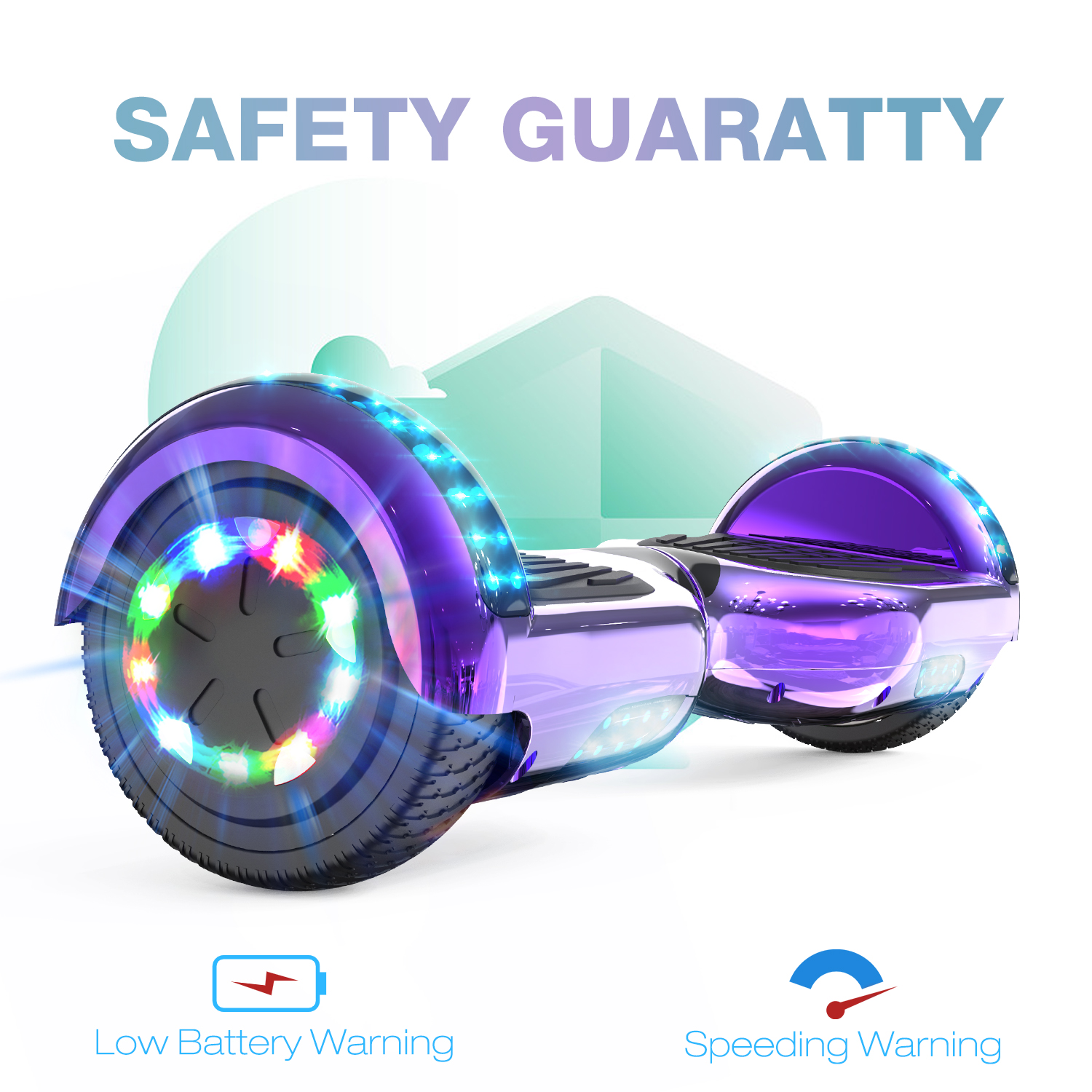 Hoverboard viola con luci a LED e segnali di avvertimento.