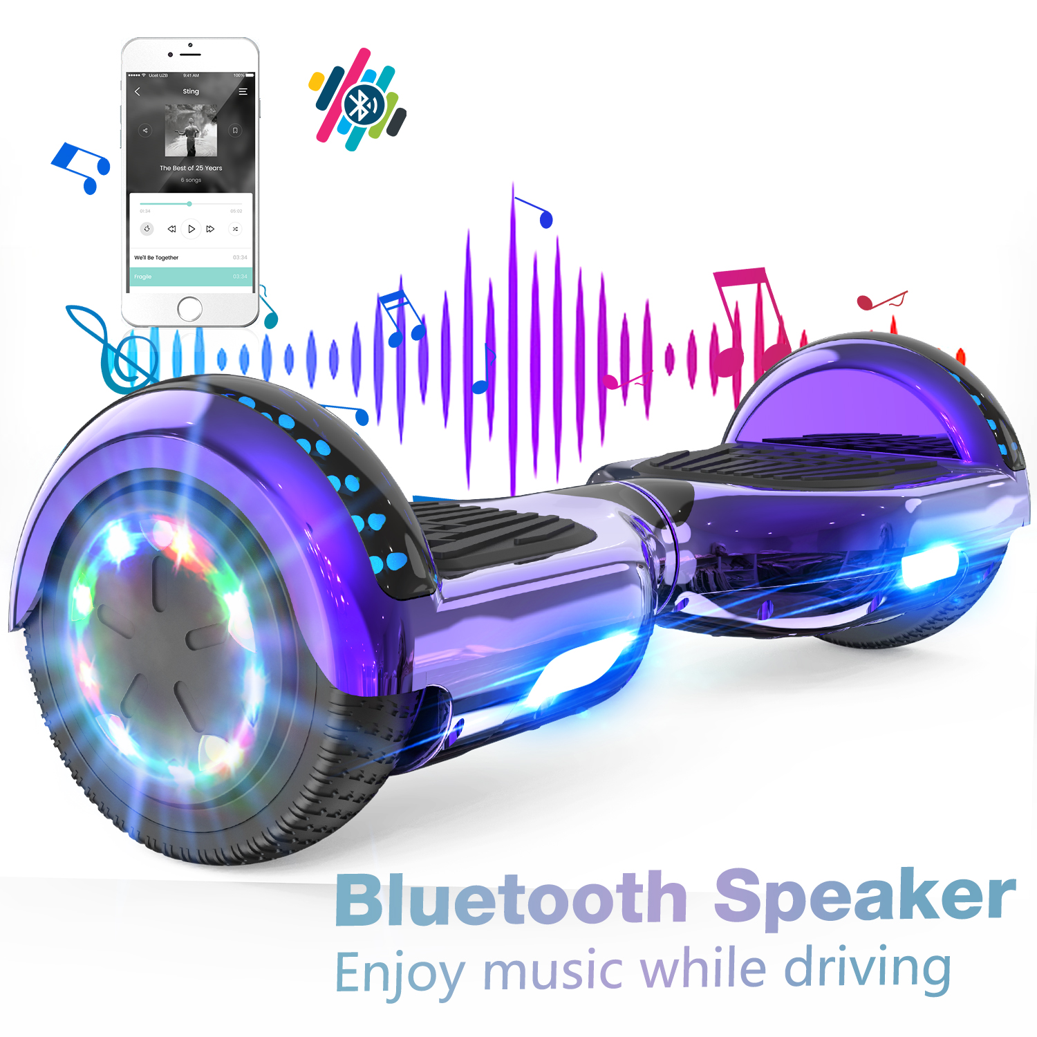 Hoverboard viola con luci blu e un telefono che riproduce musica sullo sfondo.