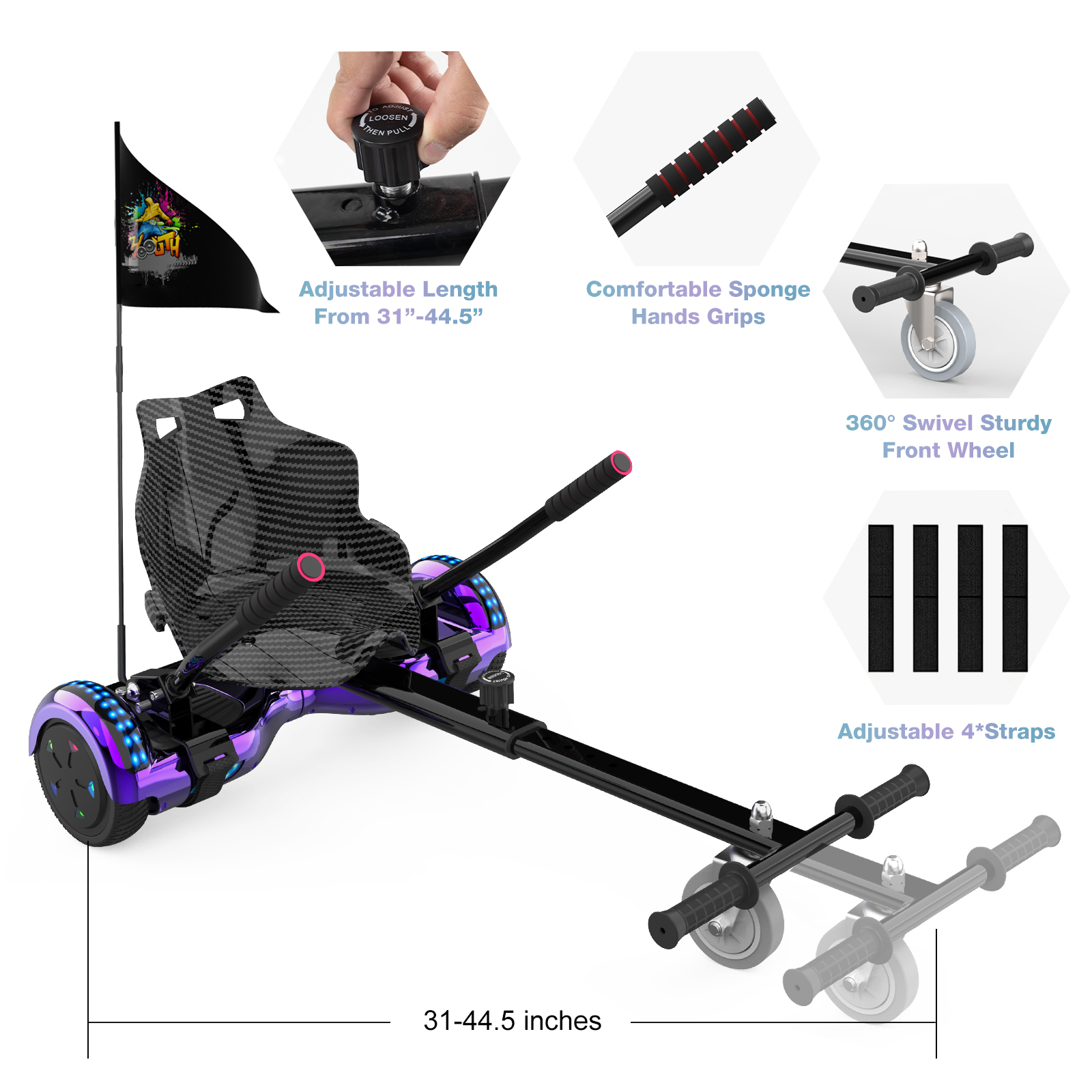 Hoverboard viola e nero con sedile e manubrio, con sovrapposizione di testo.