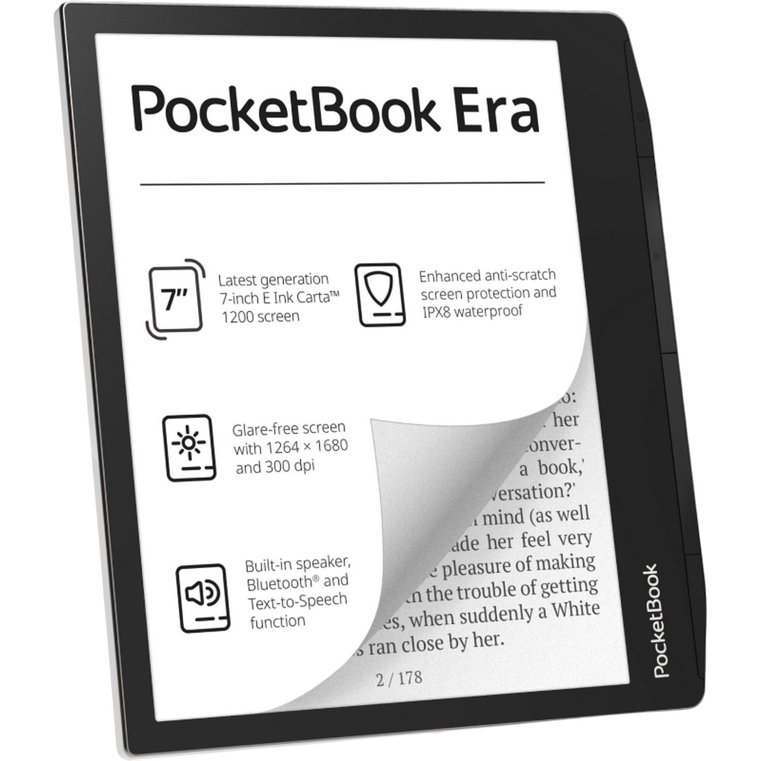 Czarny czytnik e-booków z tekstem o funkcjach. Białe tło. Widok pod kątem.