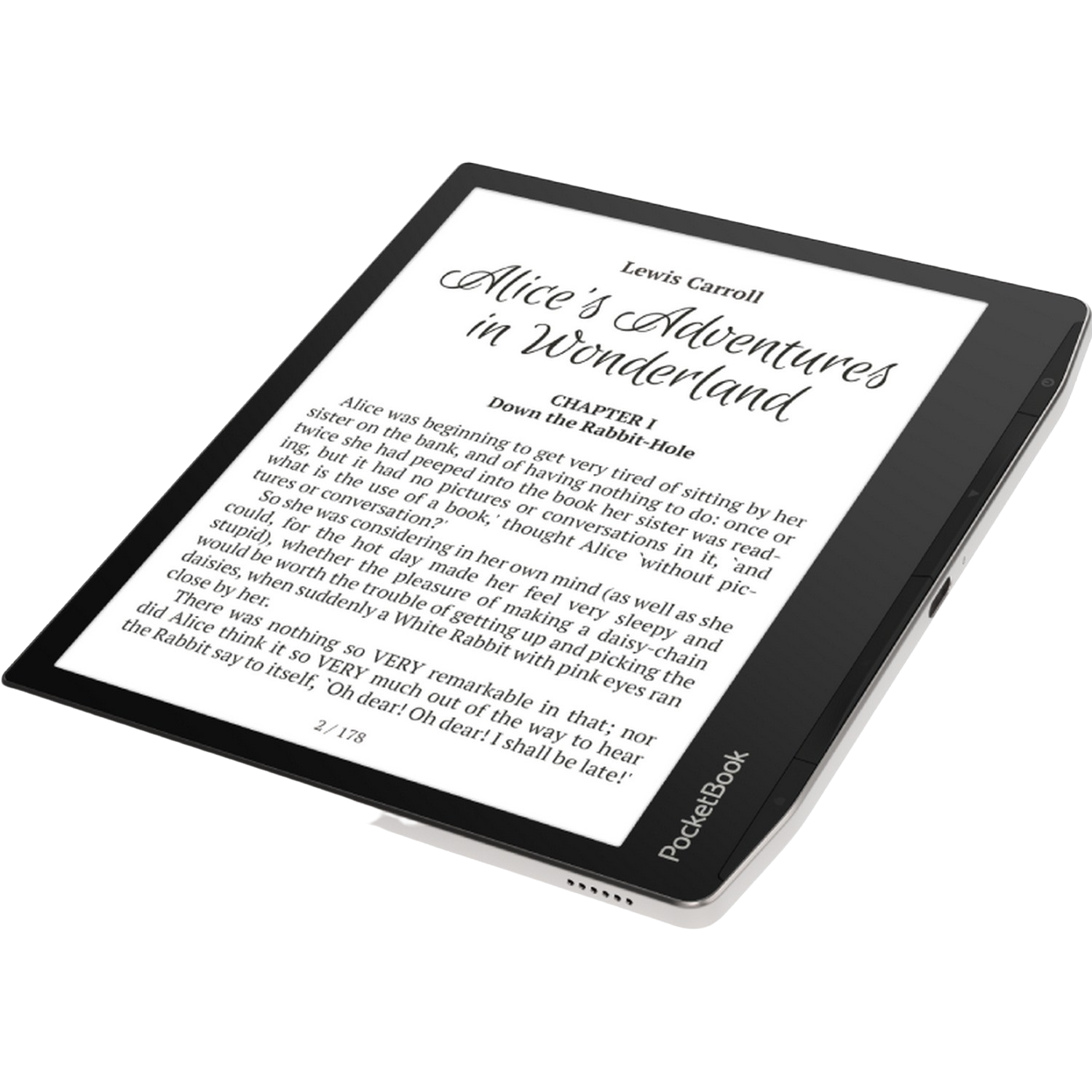 Czytnik e-booków wyświetlający tekst z 'Alicji w Krainie Czarów'. Urządzenie czarne.