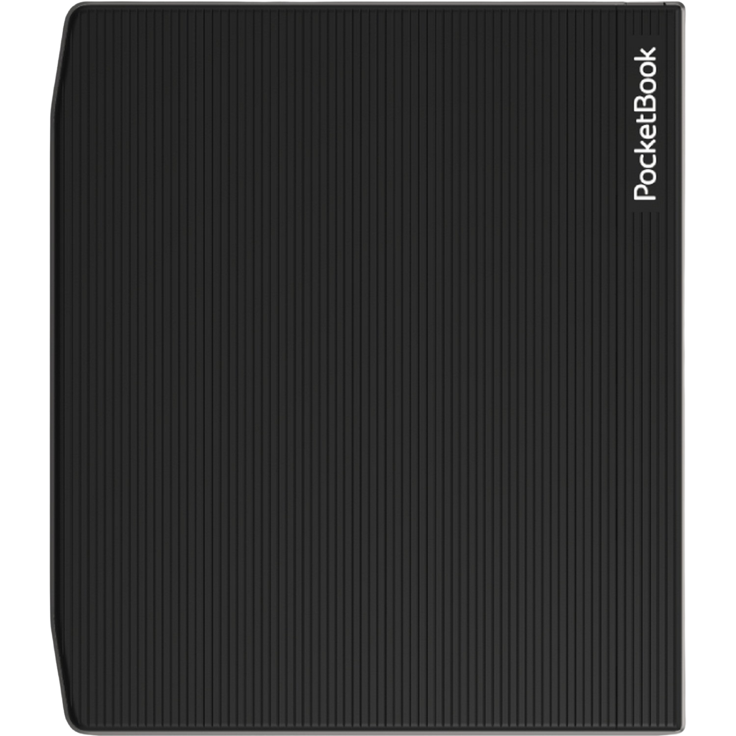 Czarny czytnik e-booków z logo PocketBook, widok z góry, na białej powierzchni.
